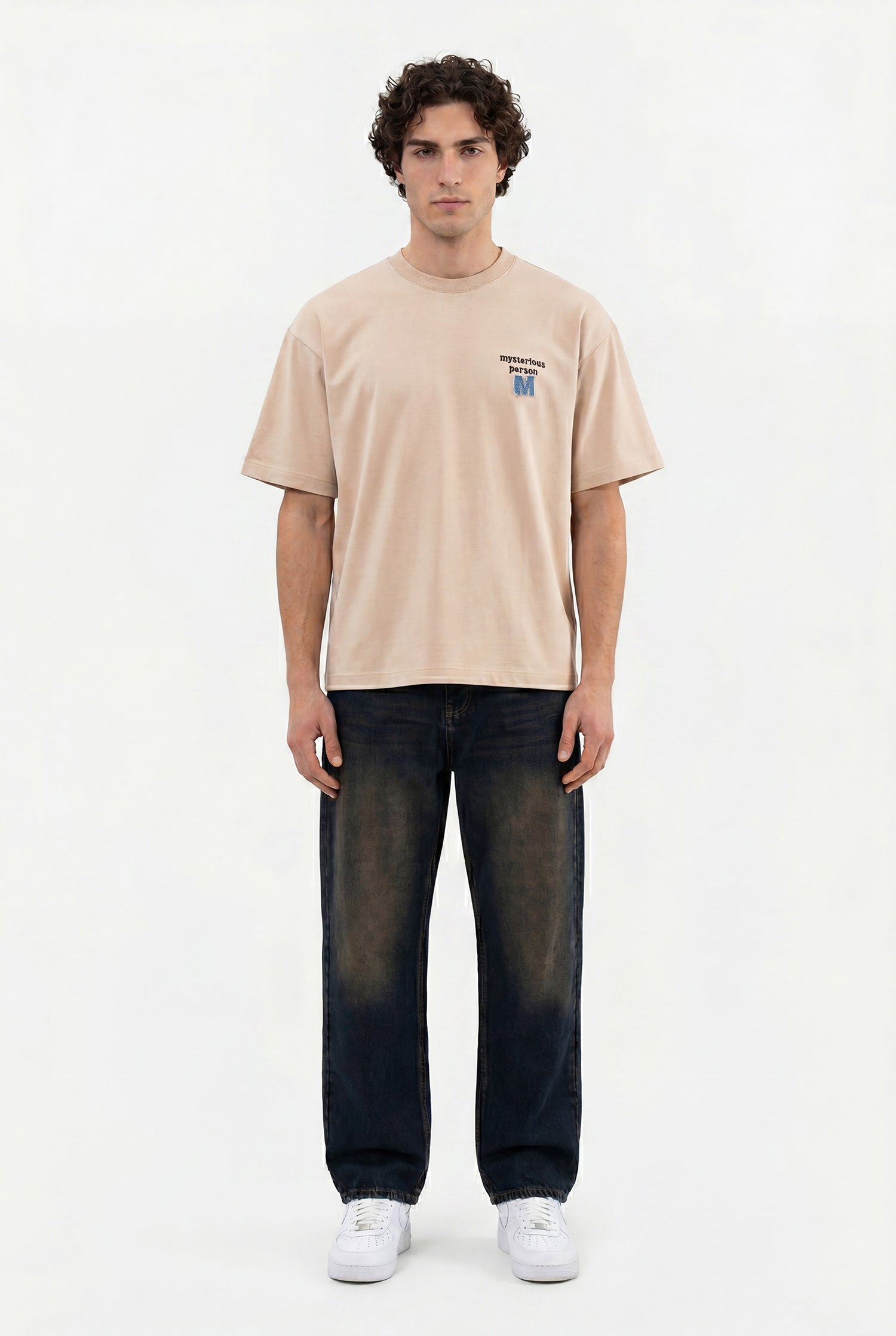 Erkek Denim Patch Nakışlı Baskılı Oversize Tişört Açık Bej-8