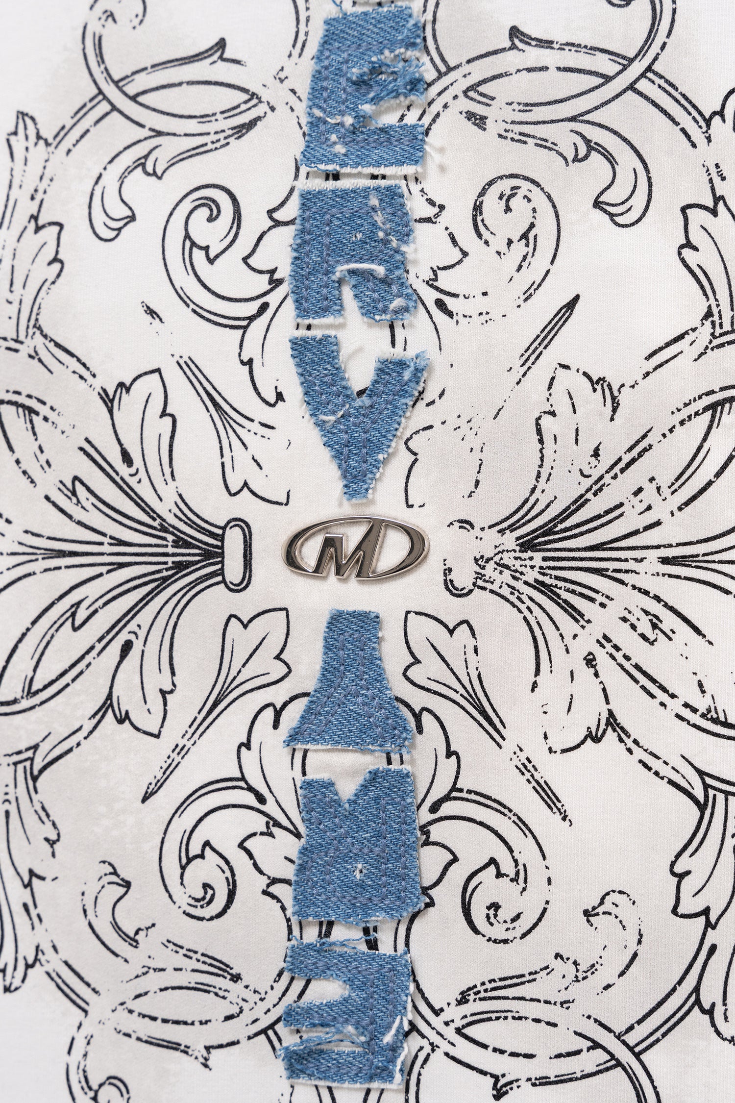 Erkek Denim Patch Nakışlı Baskılı Oversize Tişört Ekru-4