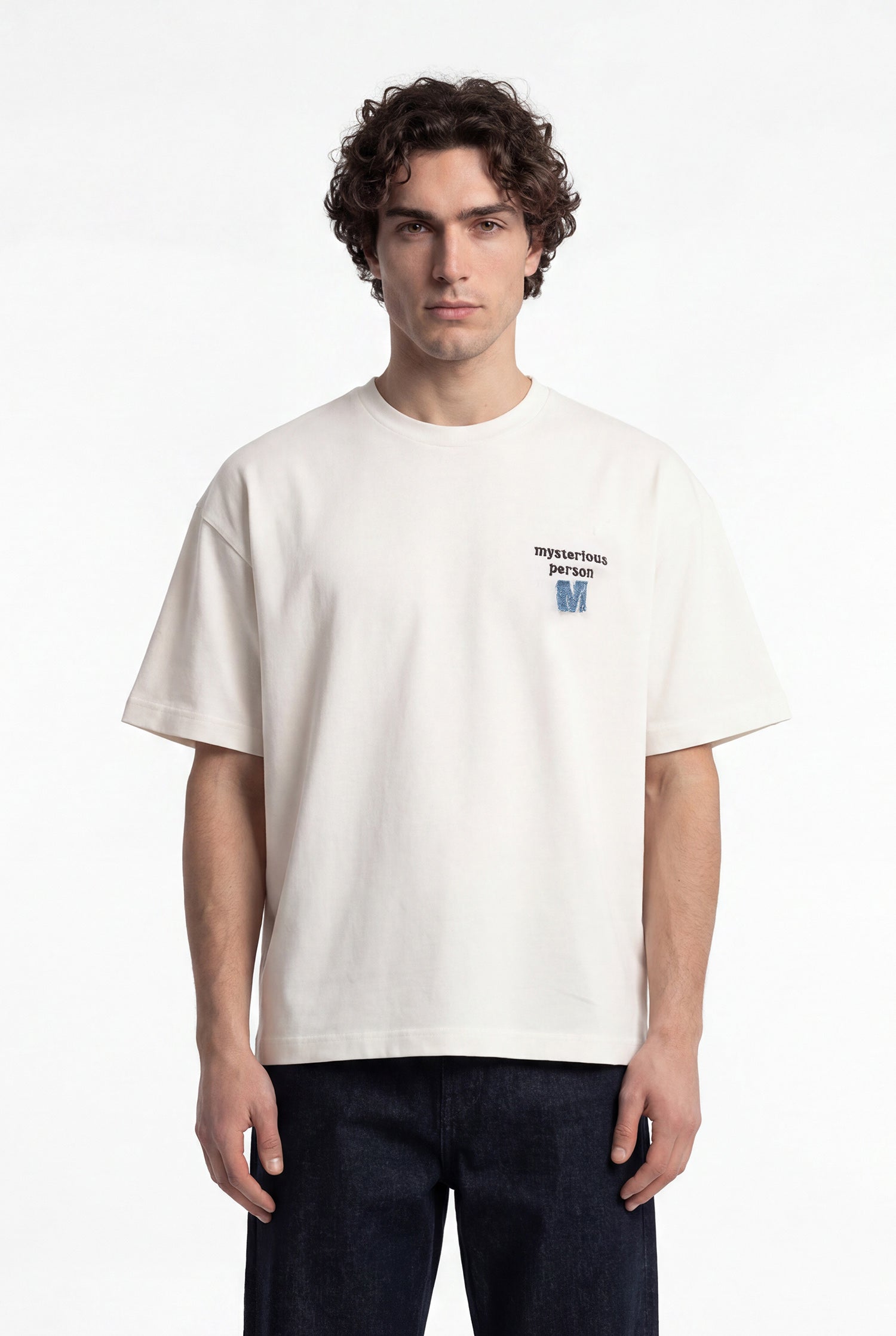Erkek Denim Patch Nakışlı Baskılı Oversize Tişört Ekru-5