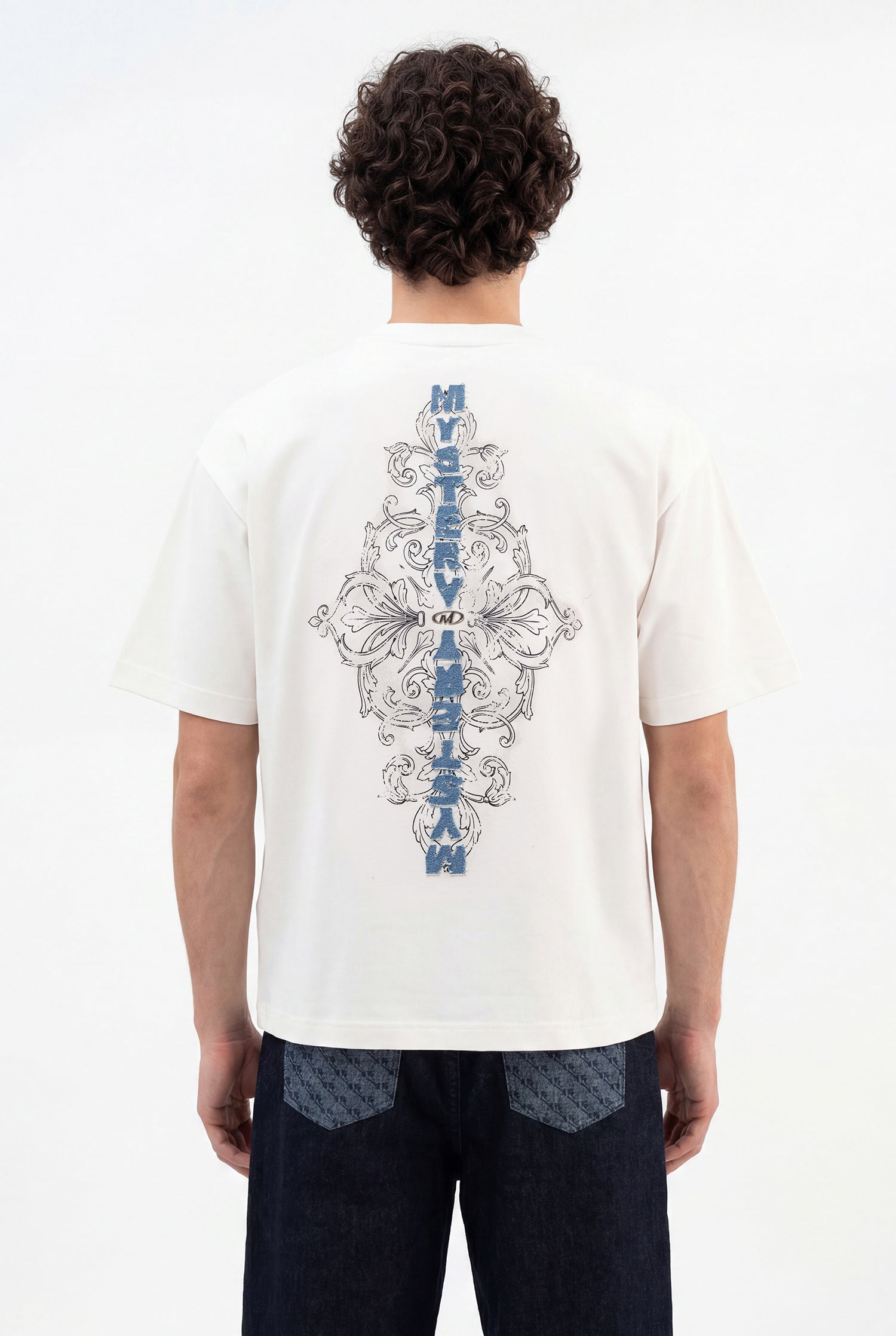 Erkek Denim Patch Nakışlı Baskılı Oversize Tişört Ekru-7
