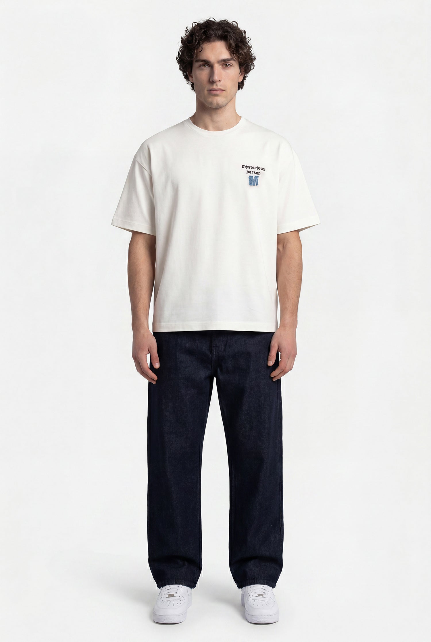 Erkek Denim Patch Nakışlı Baskılı Oversize Tişört Ekru-8