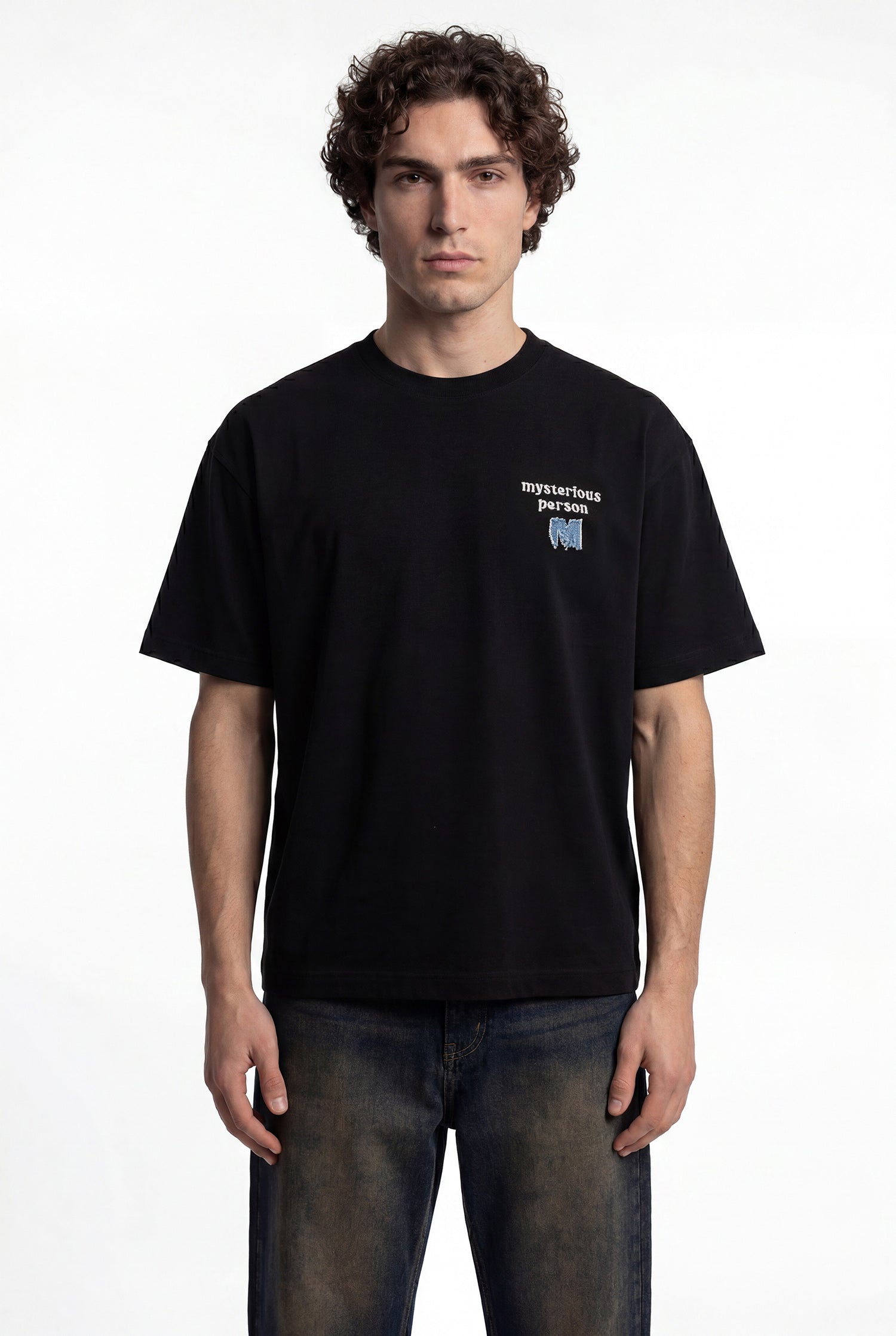 Erkek Denim Patch Nakışlı Baskılı Oversize Tişört Siyah-5