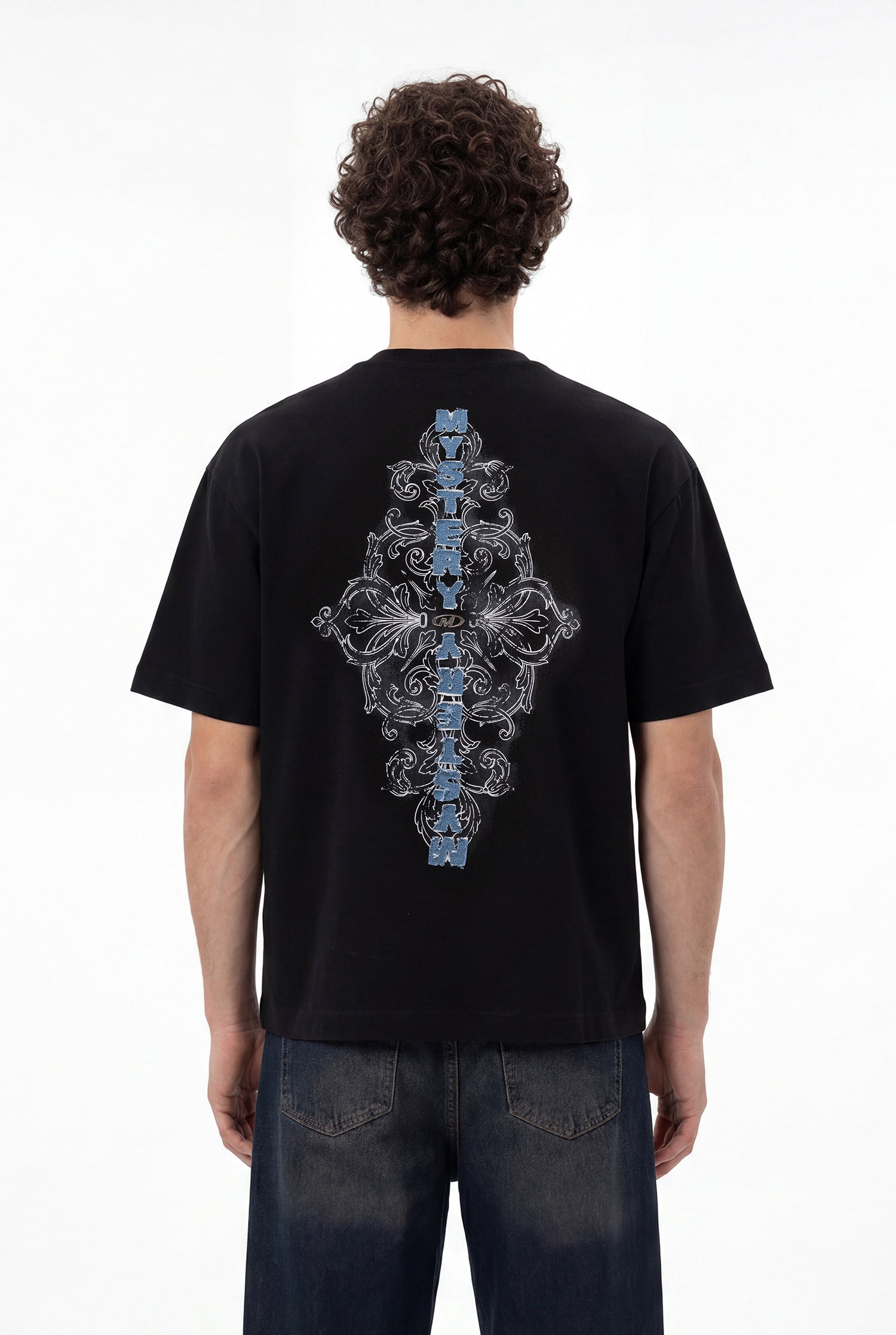 Erkek Denim Patch Nakışlı Baskılı Oversize Tişört Siyah-7