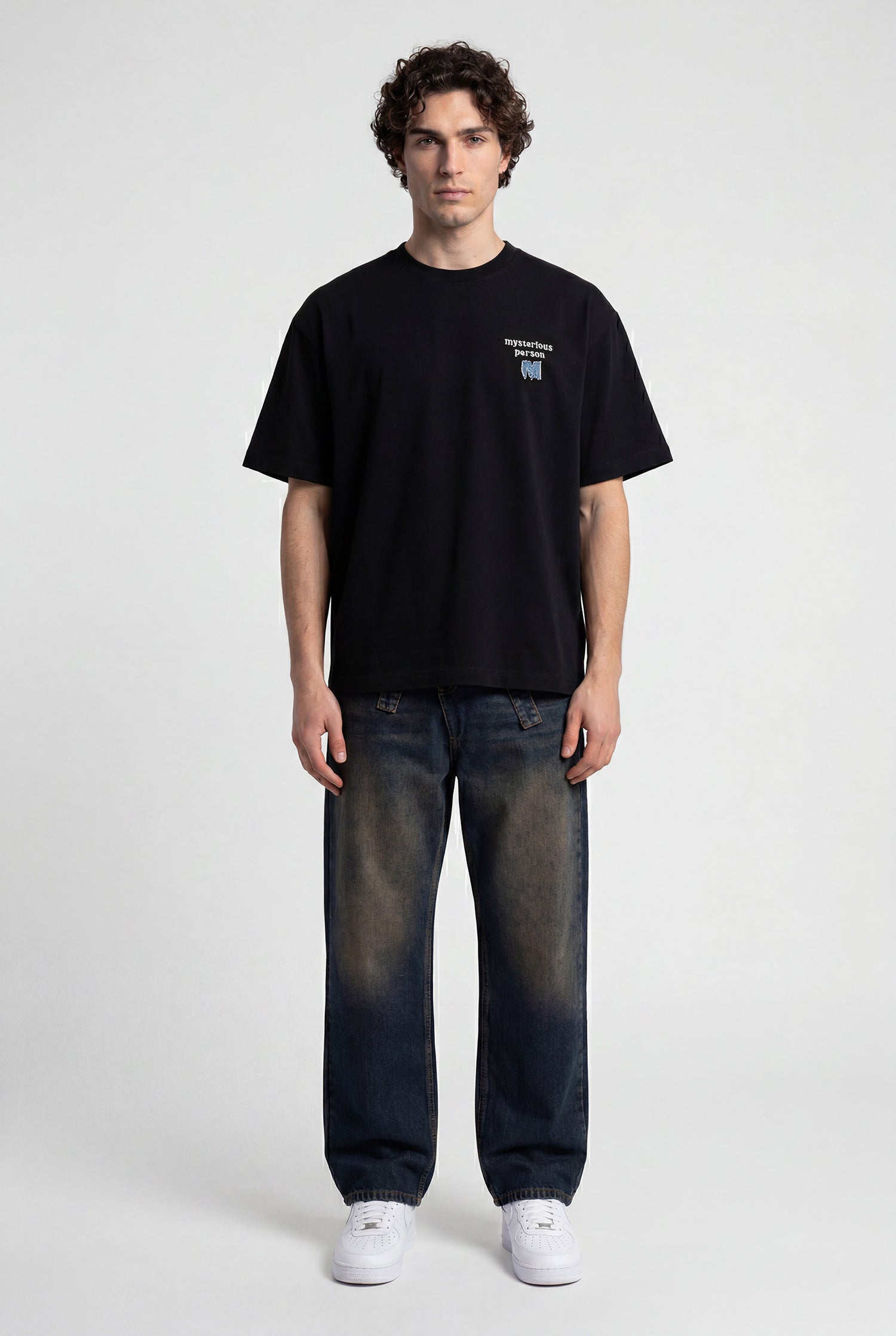 Erkek Denim Patch Nakışlı Baskılı Oversize Tişört Siyah-8