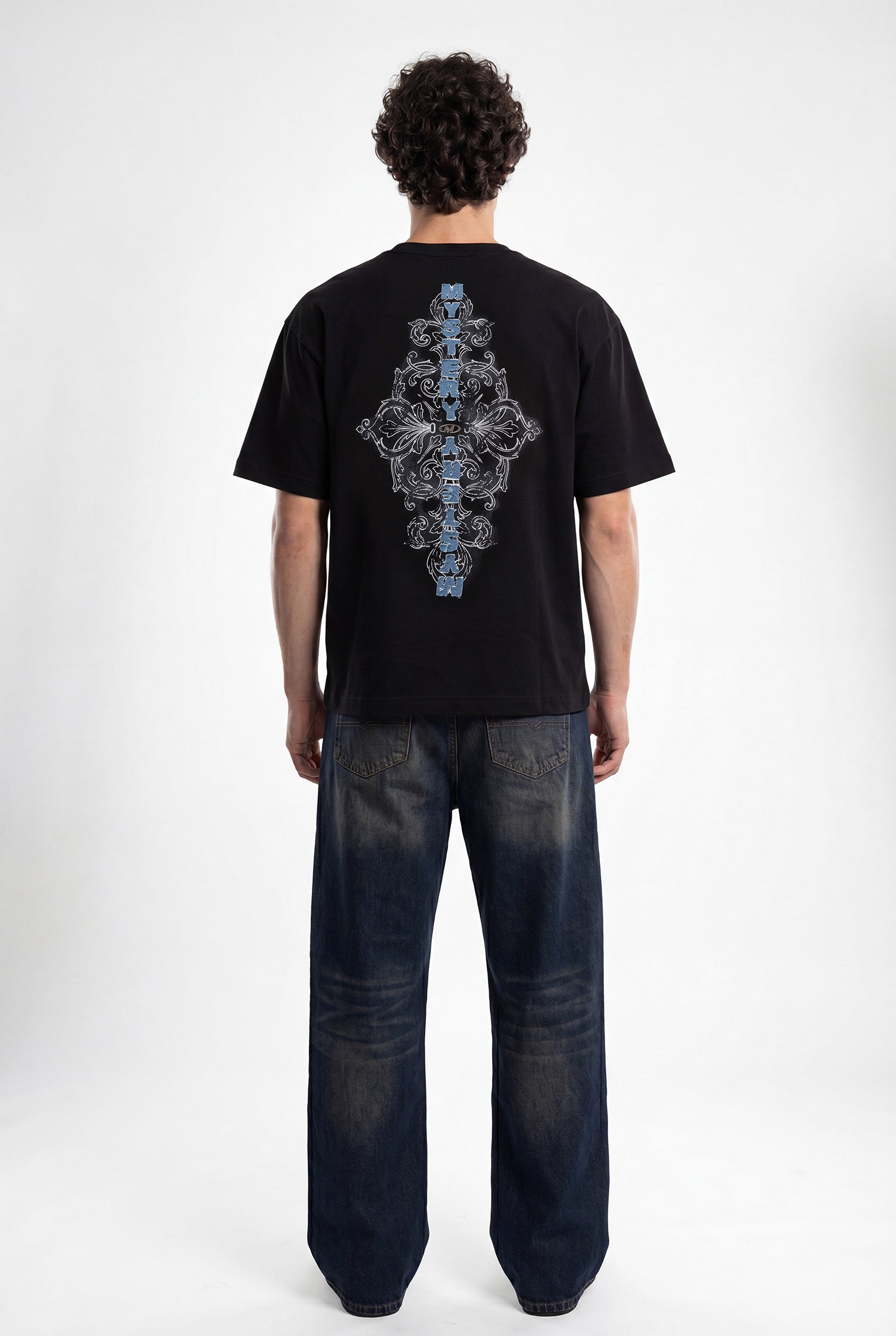 Erkek Denim Patch Nakışlı Baskılı Oversize Tişört Siyah-9