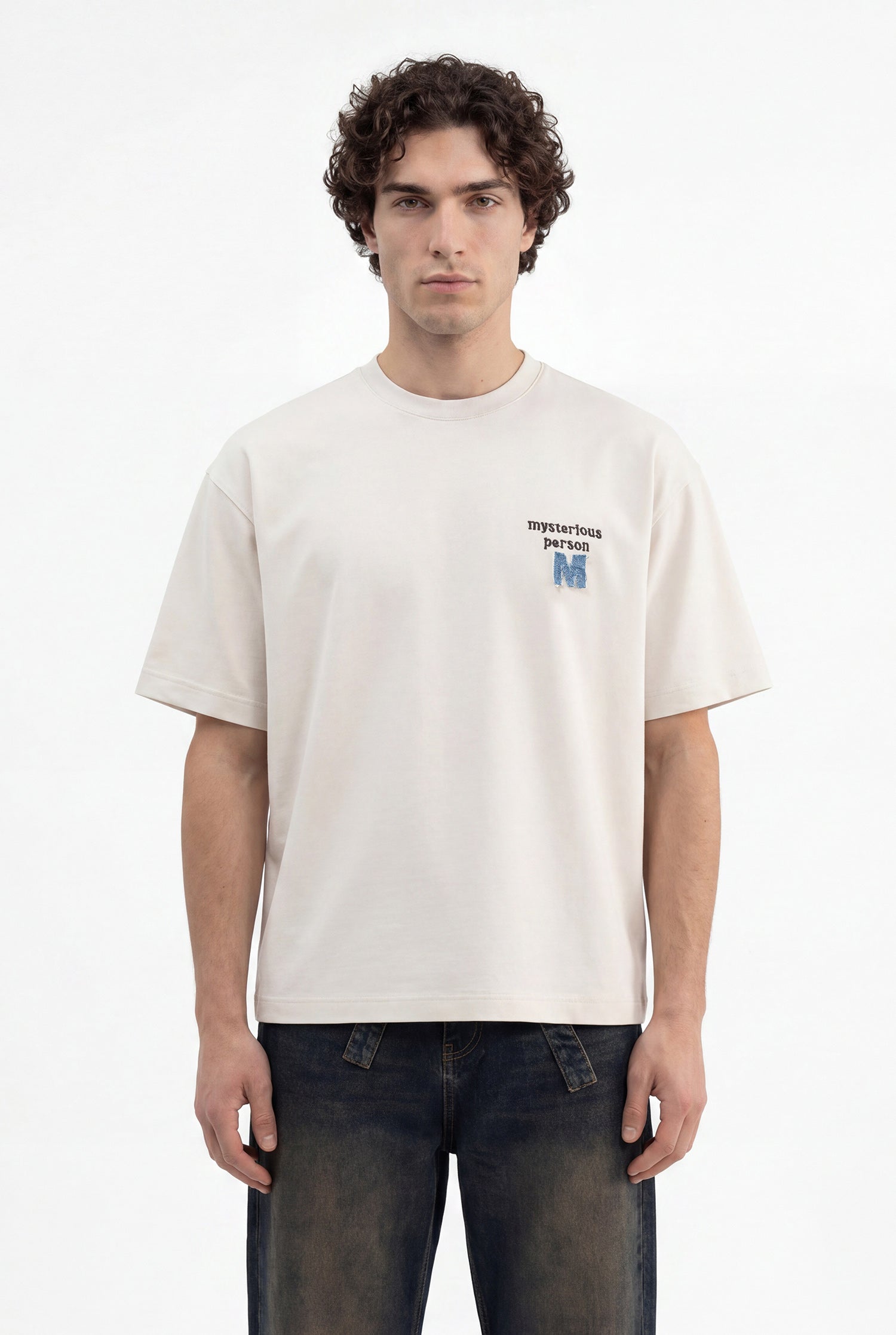 Erkek Denim Patch Nakışlı Baskılı Oversize Tişört Uzay Grisi-5