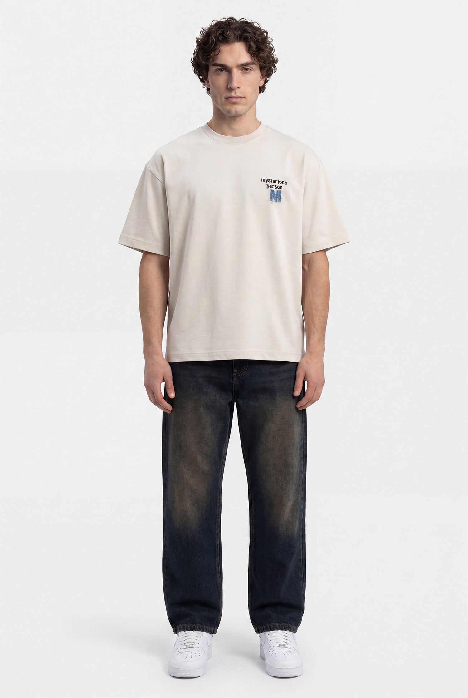 Erkek Denim Patch Nakışlı Baskılı Oversize Tişört Uzay Grisi-8