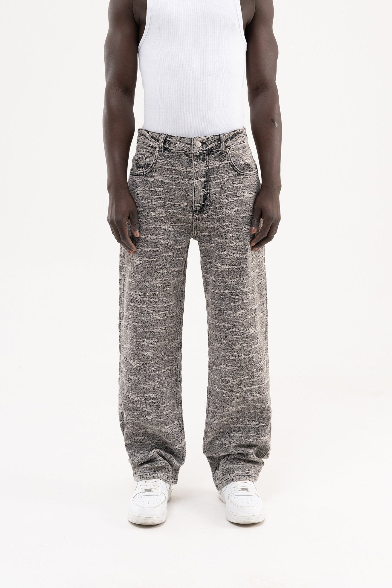 Erkek Desenli Jakarlı Baggy Jean Pantolon Gri