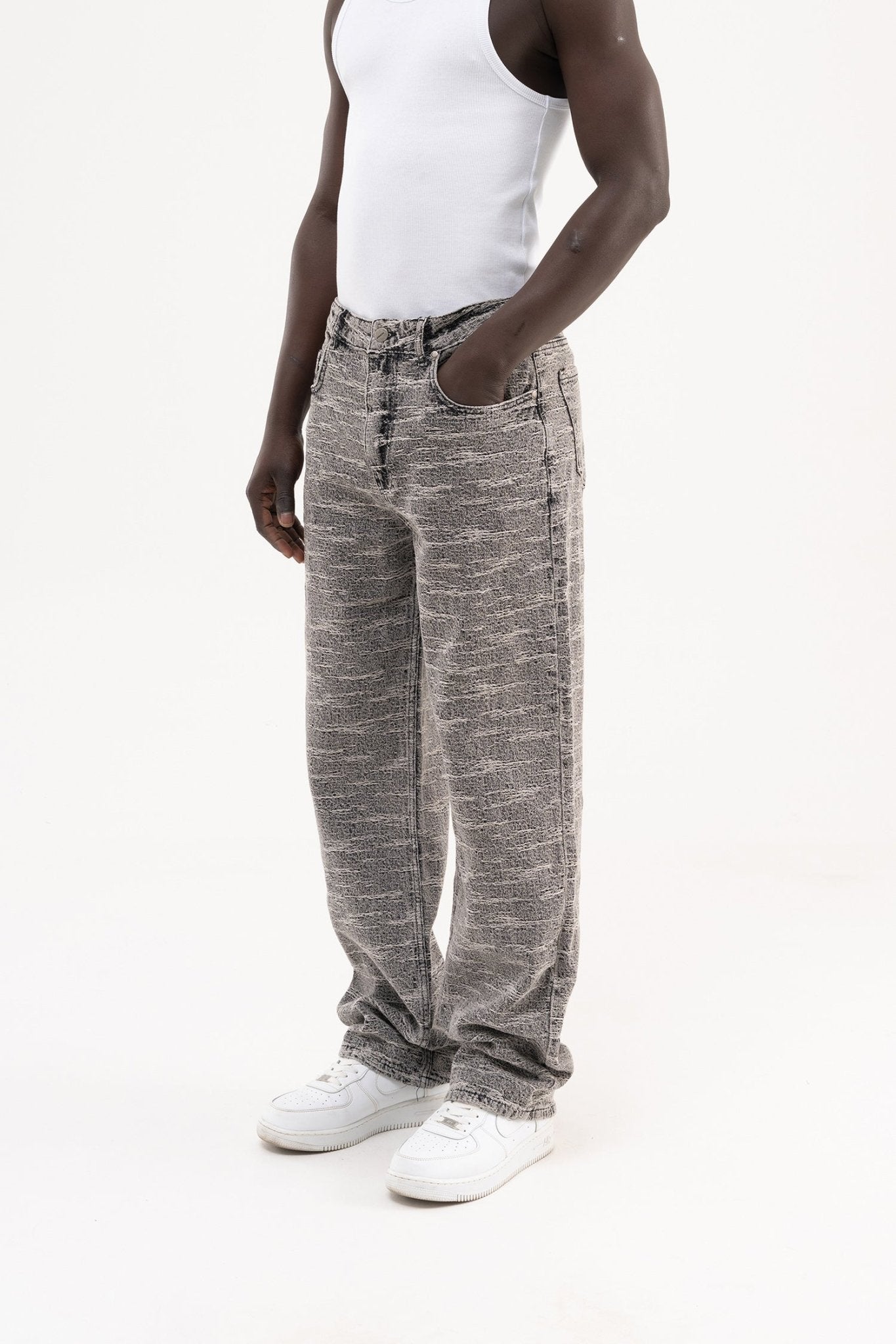 Erkek Desenli Jakarlı Baggy Jean Pantolon Gri