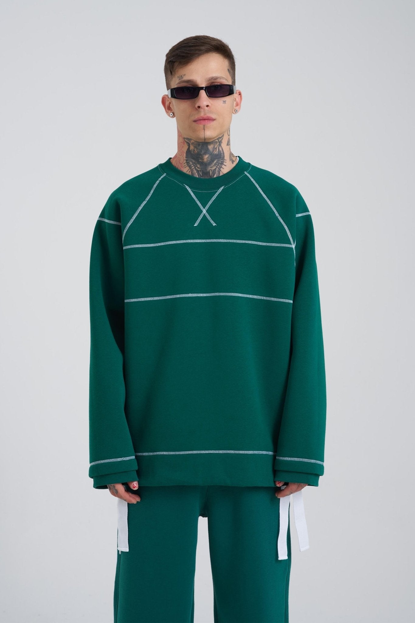 Erkek Dikiş Detay Oversize Sweatshirt Petrol Yeşili