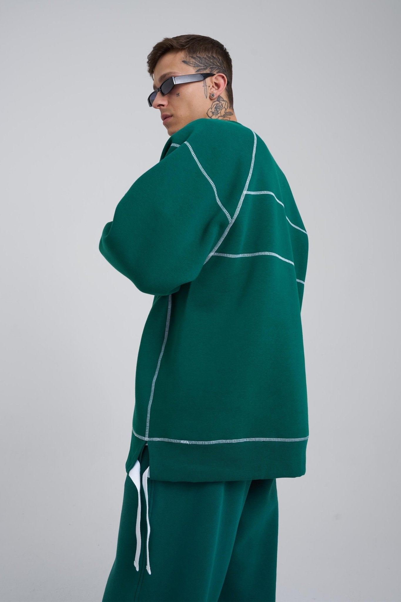 Erkek Dikiş Detay Oversize Sweatshirt Petrol Yeşili