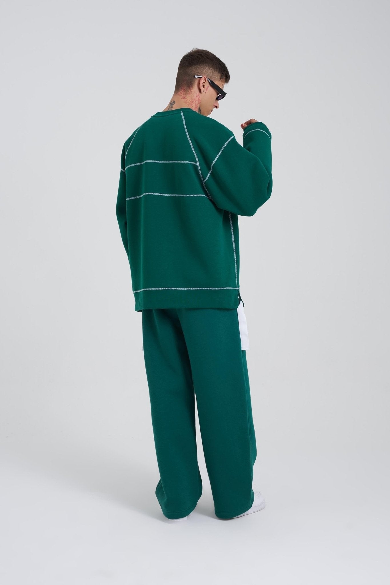 Erkek Dikiş Detay Oversize Sweatshirt Petrol Yeşili