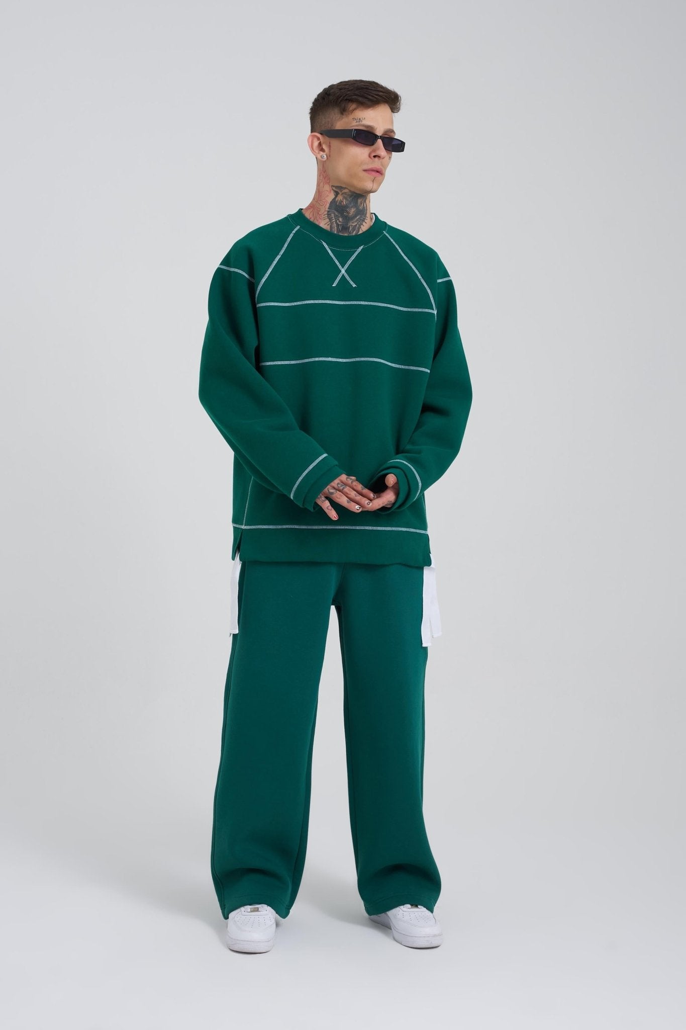 Erkek Dikiş Detay Oversize Sweatshirt Petrol Yeşili