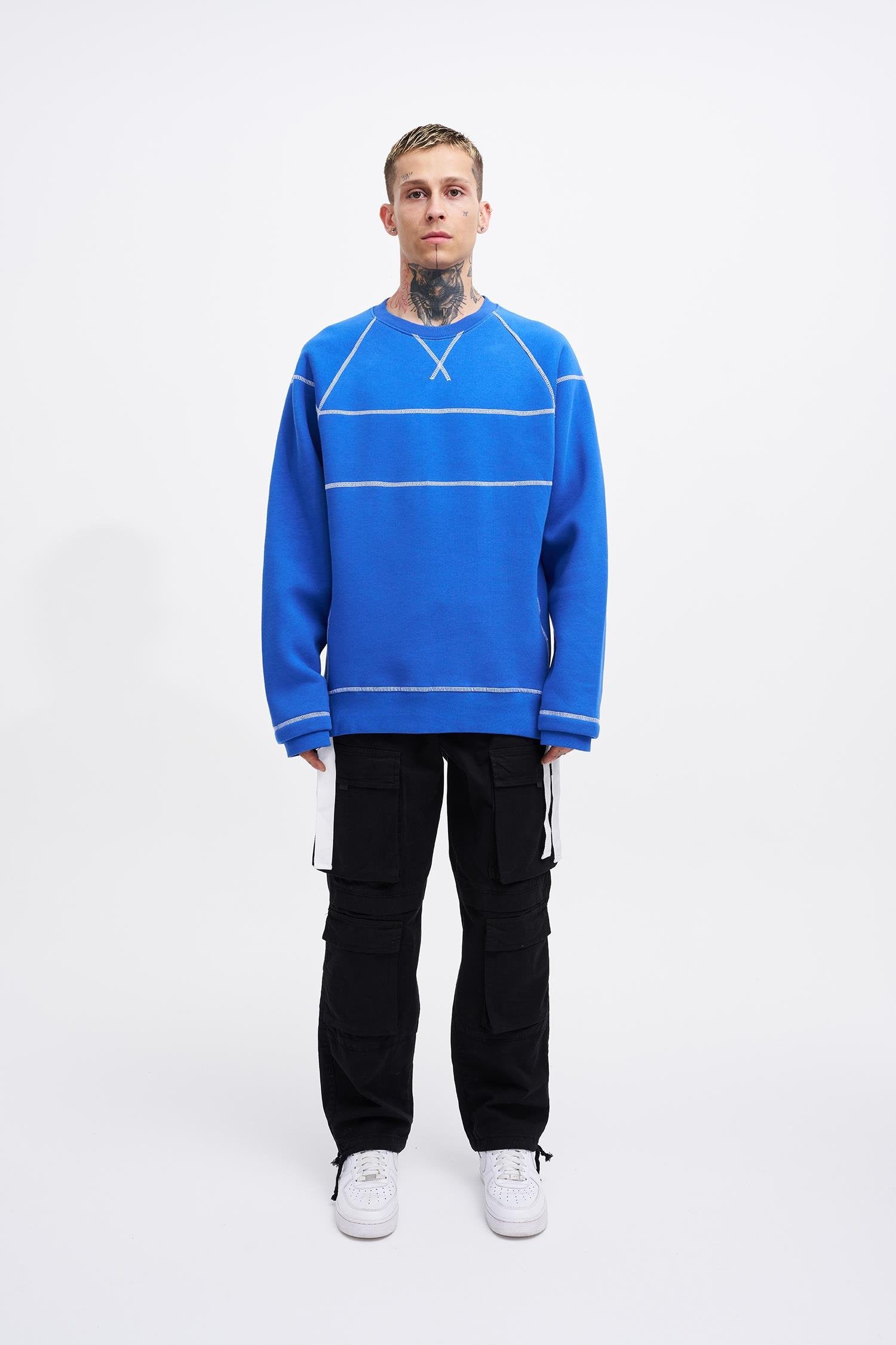 Erkek Dikiş Detay Oversize Sweatshirt Saks Mavi
