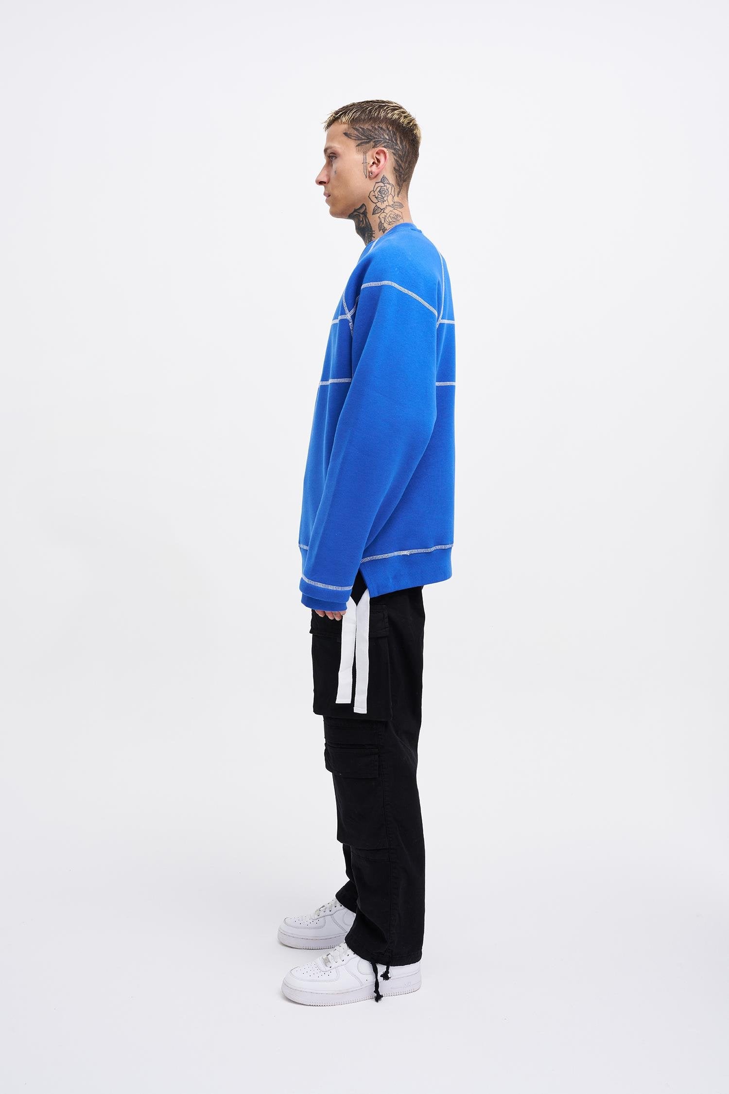 Erkek Dikiş Detay Oversize Sweatshirt Saks Mavi