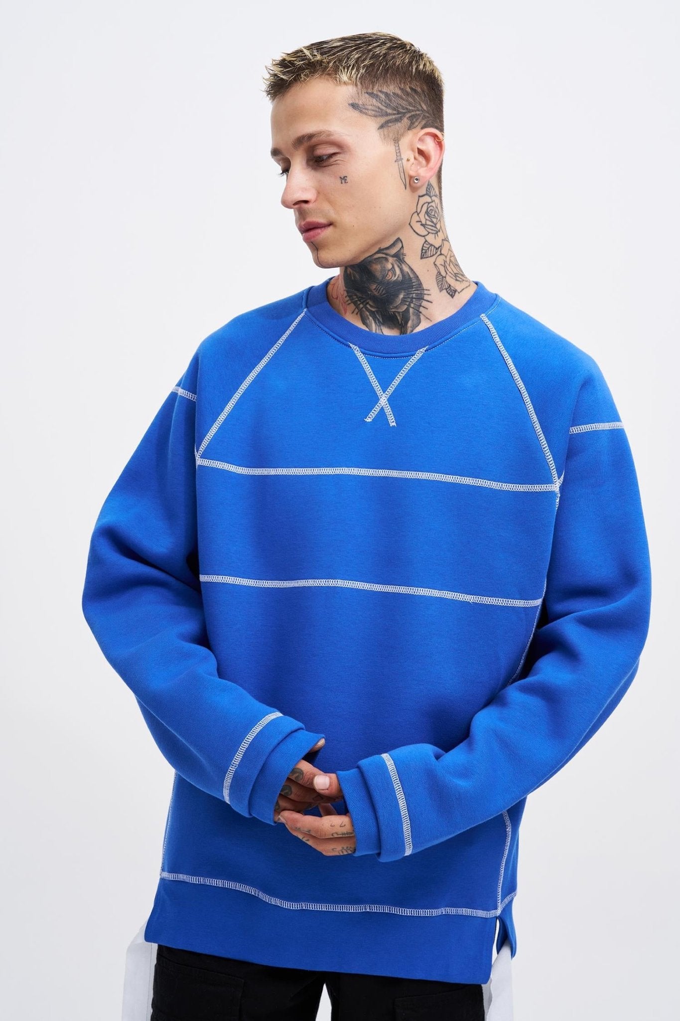 Erkek Dikiş Detay Oversize Sweatshirt Saks Mavi