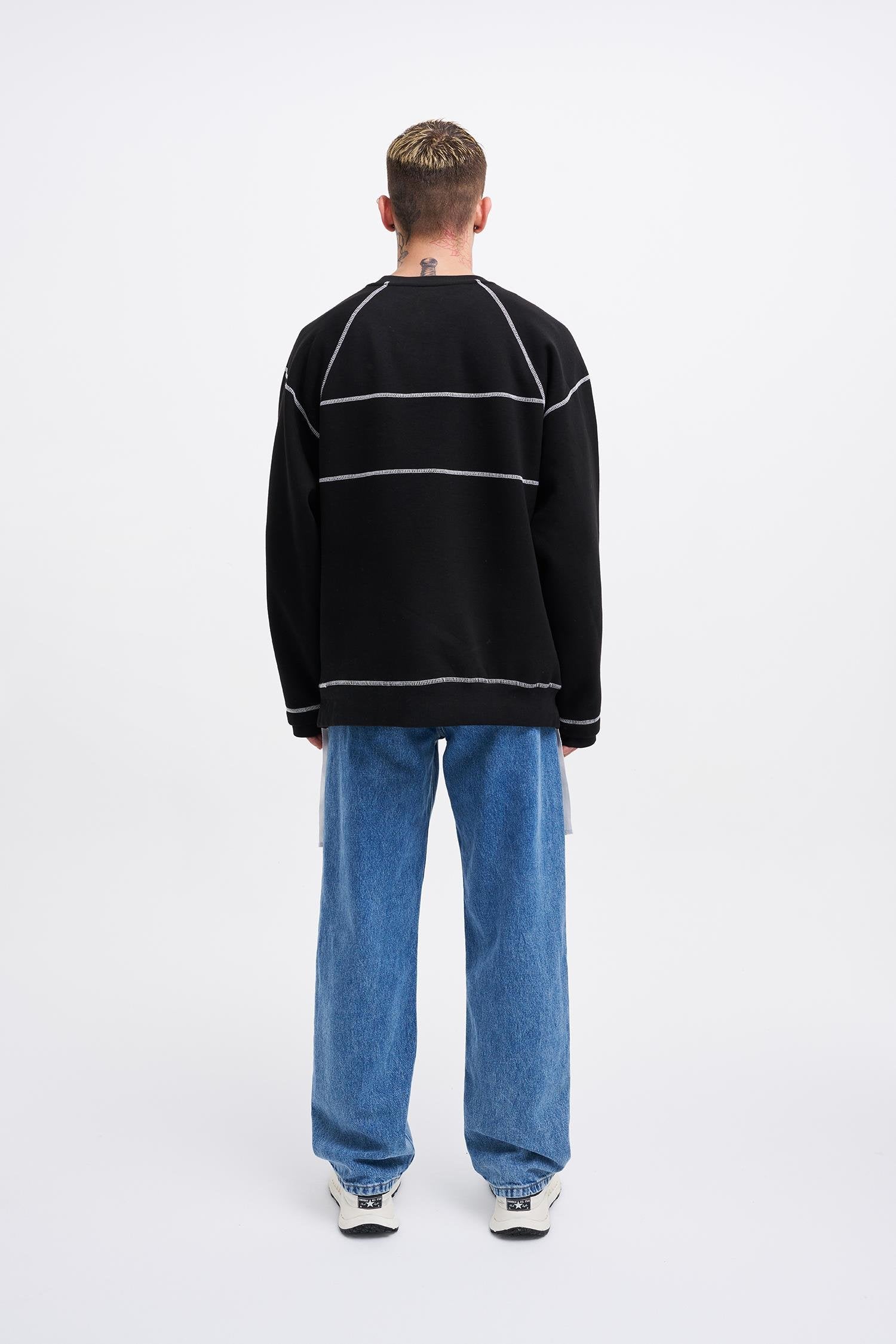 Erkek Dikiş Detay Oversize Sweatshirt Siyah