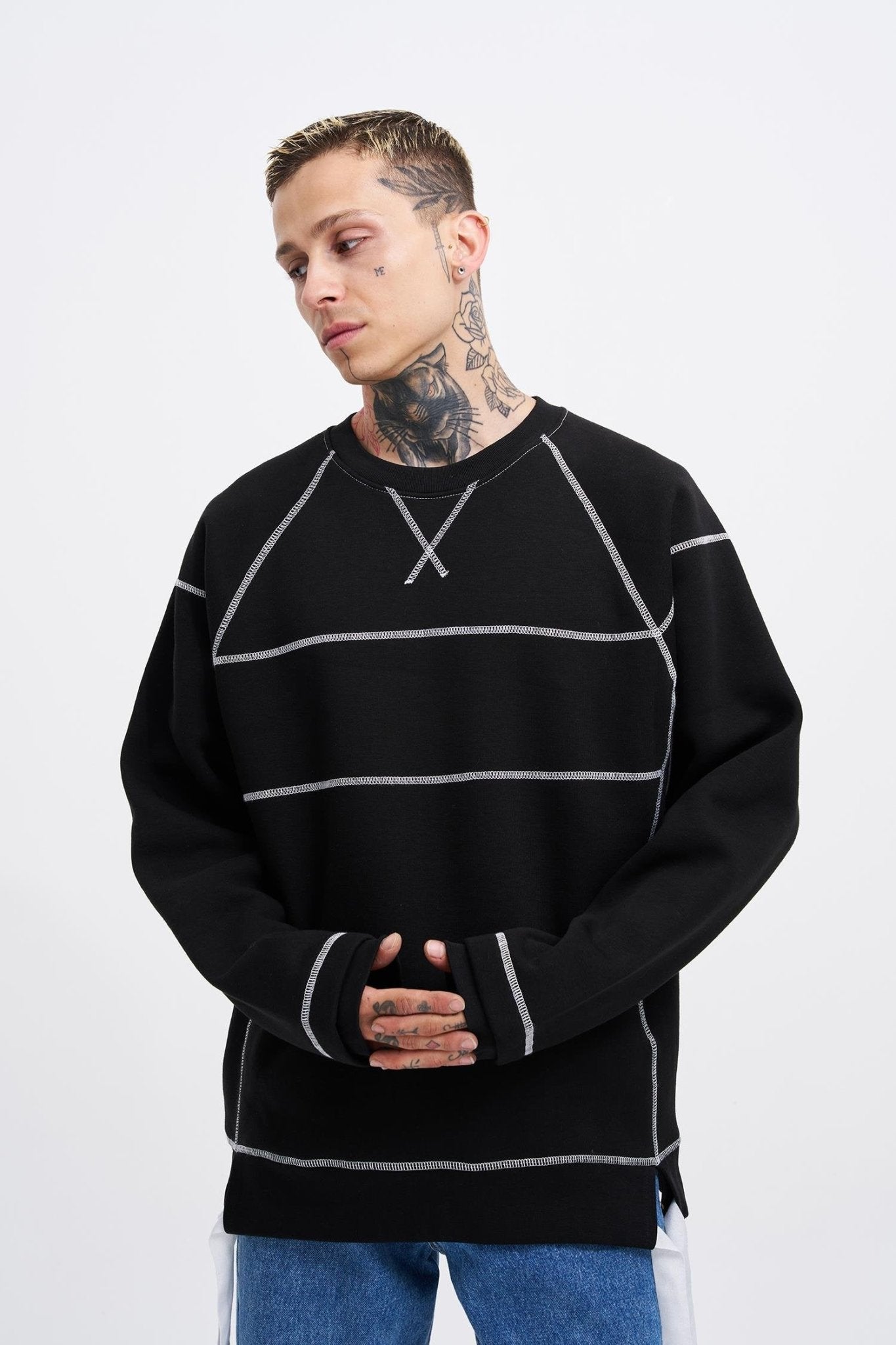 Erkek Dikiş Detay Oversize Sweatshirt Siyah