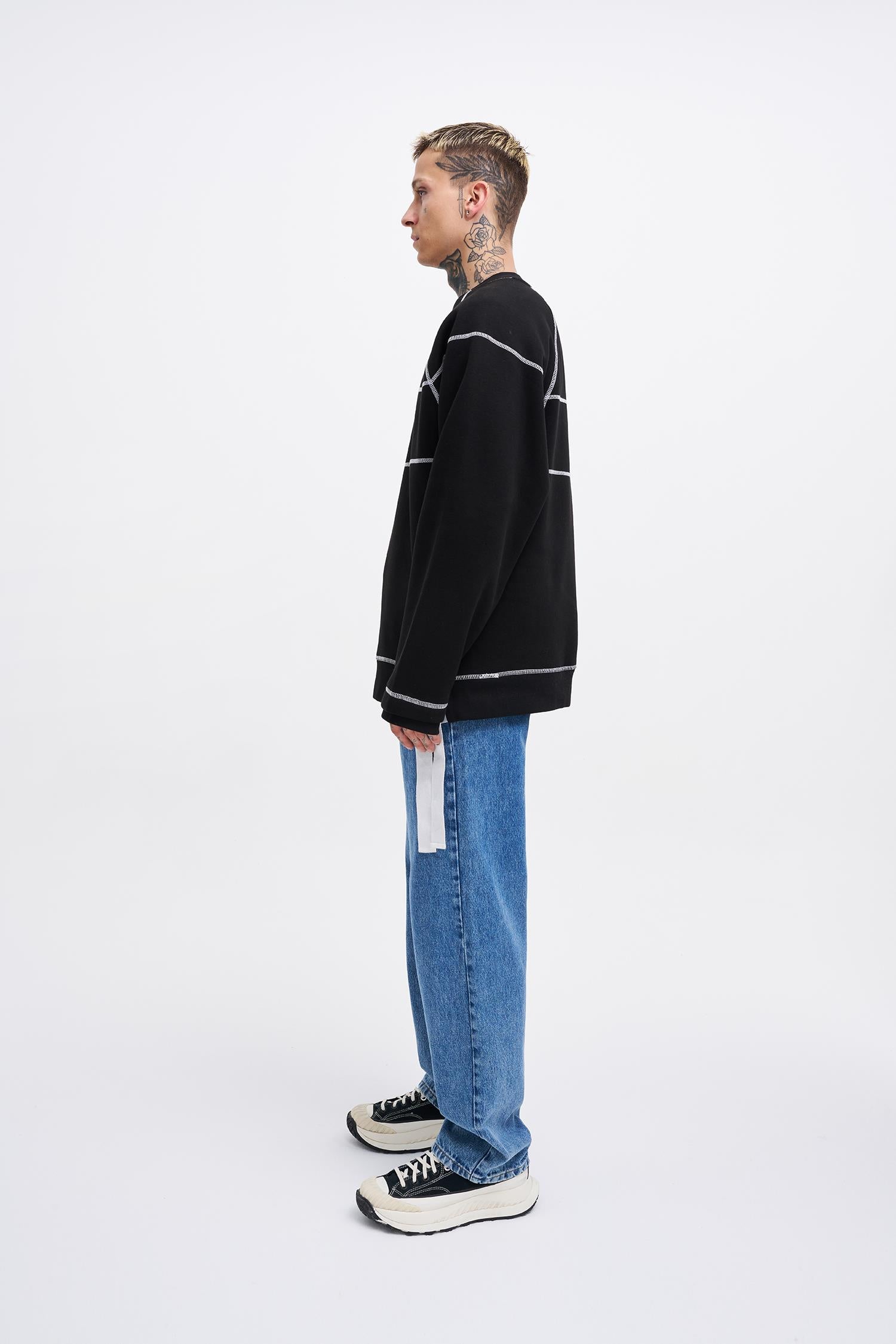 Erkek Dikiş Detay Oversize Sweatshirt Siyah