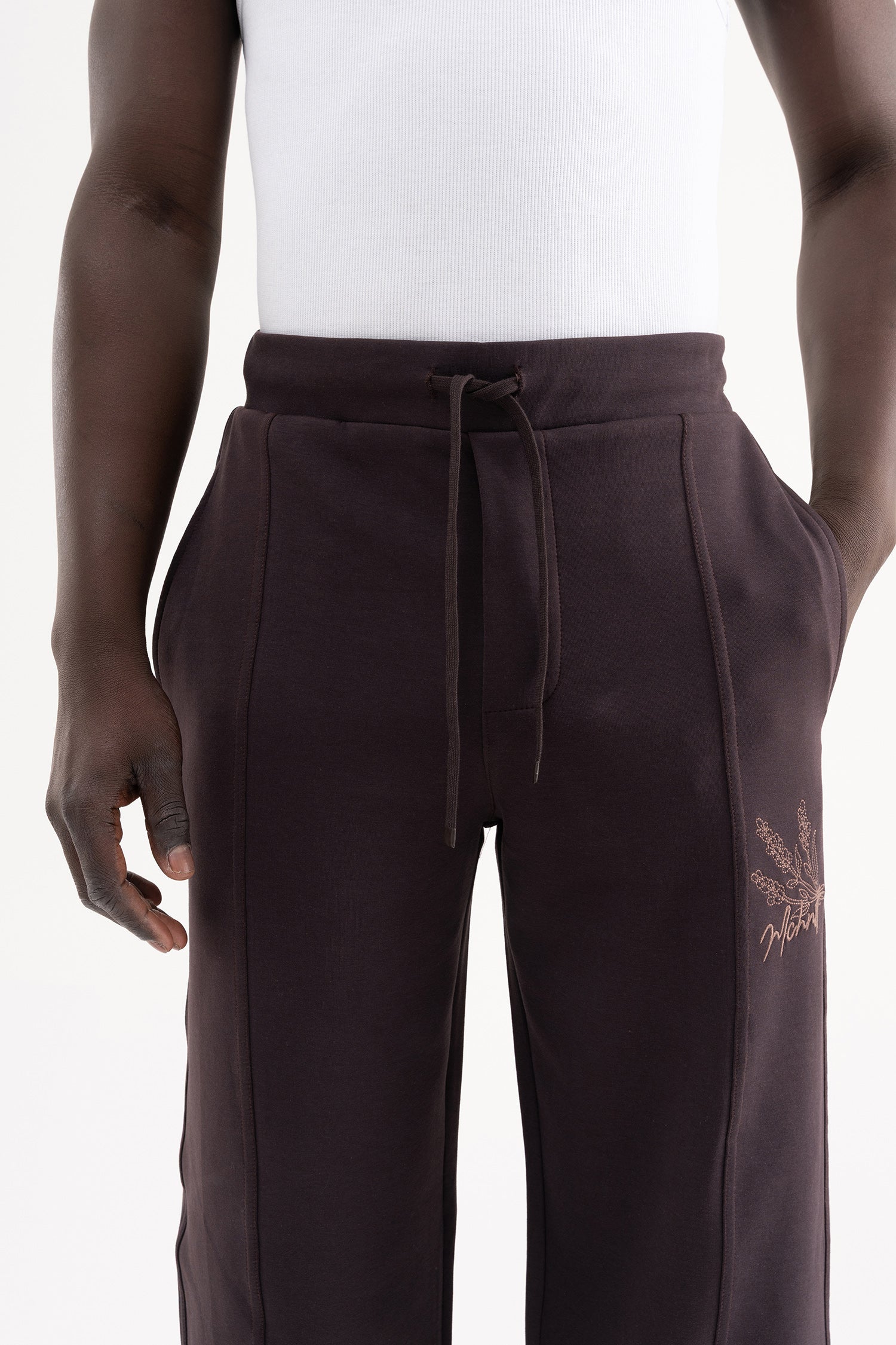 Erkek Dikiş Detaylı Double Face Baggy Pantolon Koyu Kahverengi-4