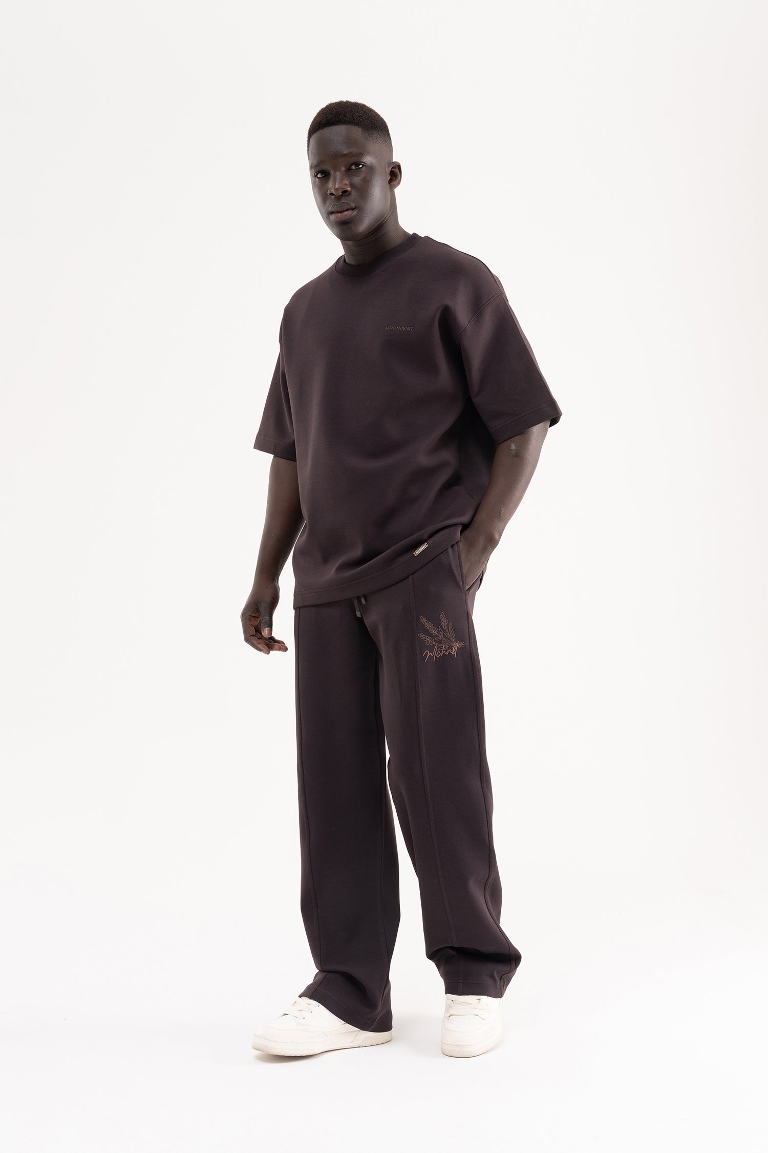 Erkek Dikiş Detaylı Double Face Baggy Pantolon Koyu Kahverengi-8