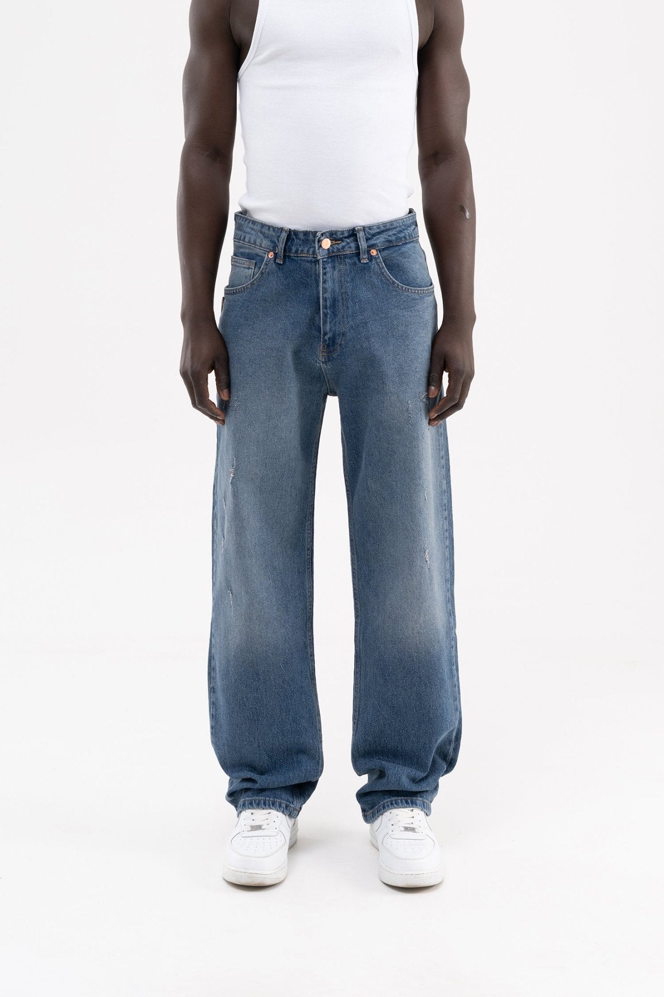 Erkek Distressed Effected Baggy Jean Pantolon Mavi