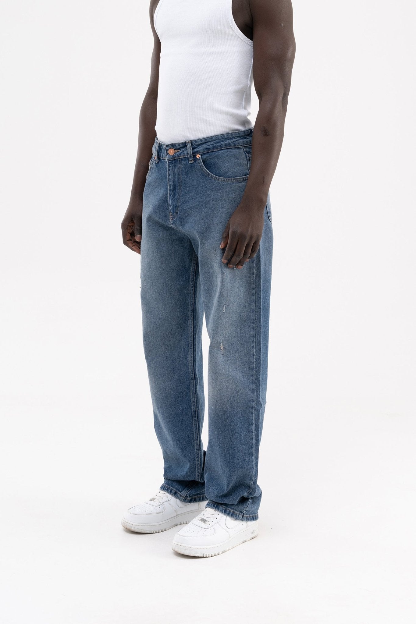 Erkek Distressed Effected Baggy Jean Pantolon Mavi