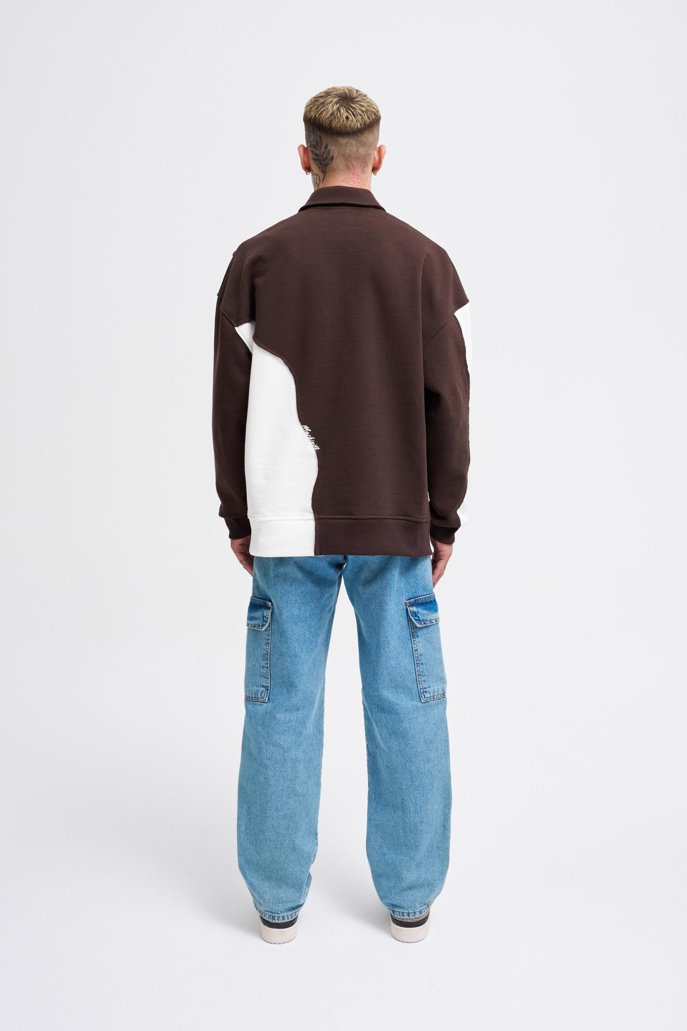 Erkek Distressed Stitch and Embroidered Polo Sweatshirt Koyu Kahverengi - Ekru