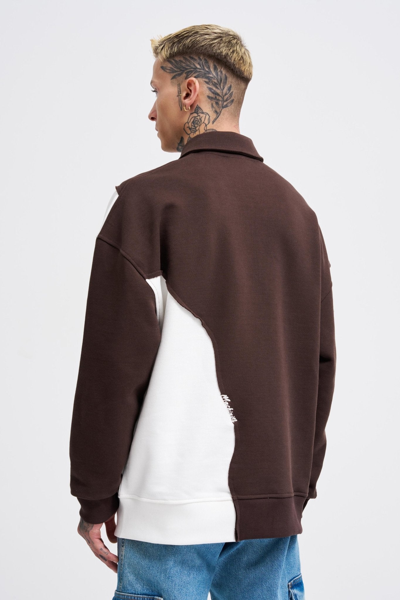Erkek Distressed Stitch and Embroidered Polo Sweatshirt Koyu Kahverengi - Ekru