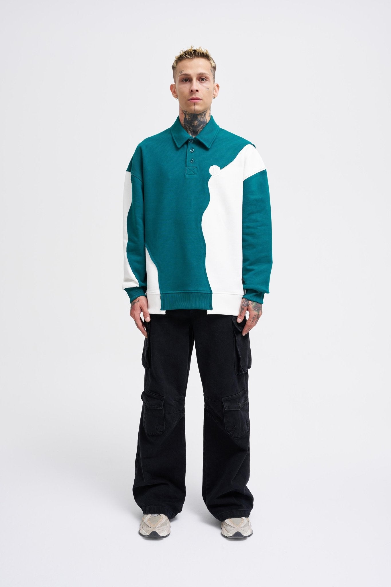 Erkek Distressed Stitch and Embroidered Polo Sweatshirt Yağ Yeşili - Ekru
