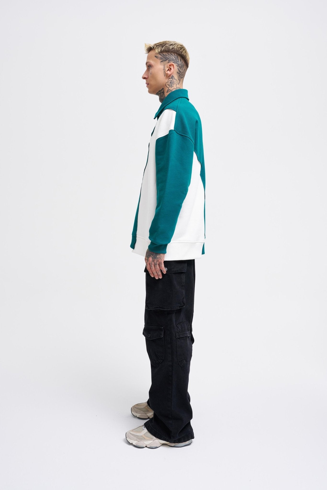 Erkek Distressed Stitch and Embroidered Polo Sweatshirt Yağ Yeşili - Ekru