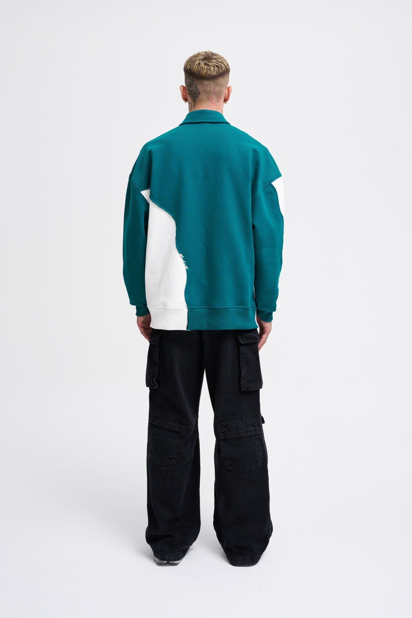 Erkek Distressed Stitch and Embroidered Polo Sweatshirt Yağ Yeşili - Ekru