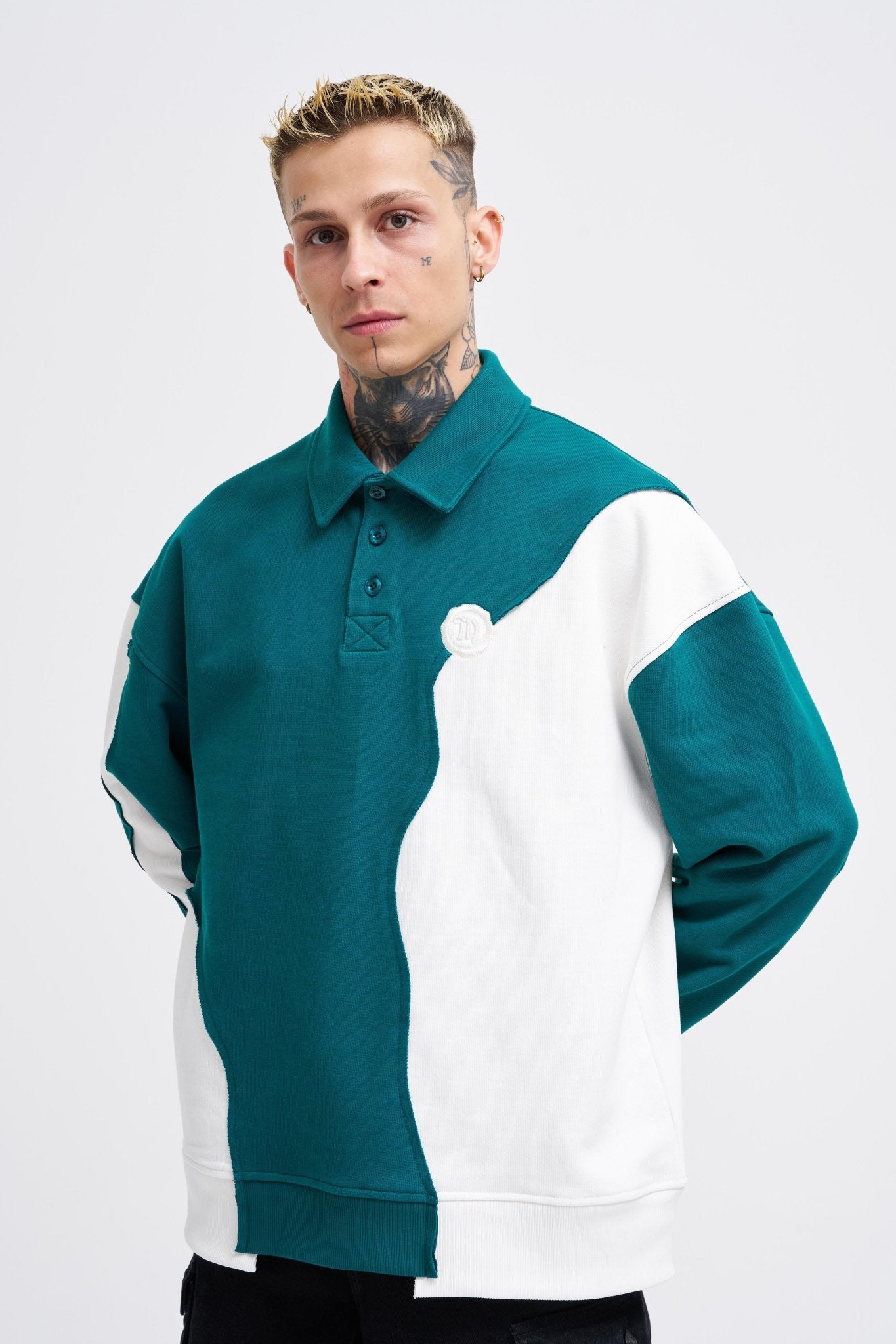 Erkek Distressed Stitch and Embroidered Polo Sweatshirt Yağ Yeşili - Ekru