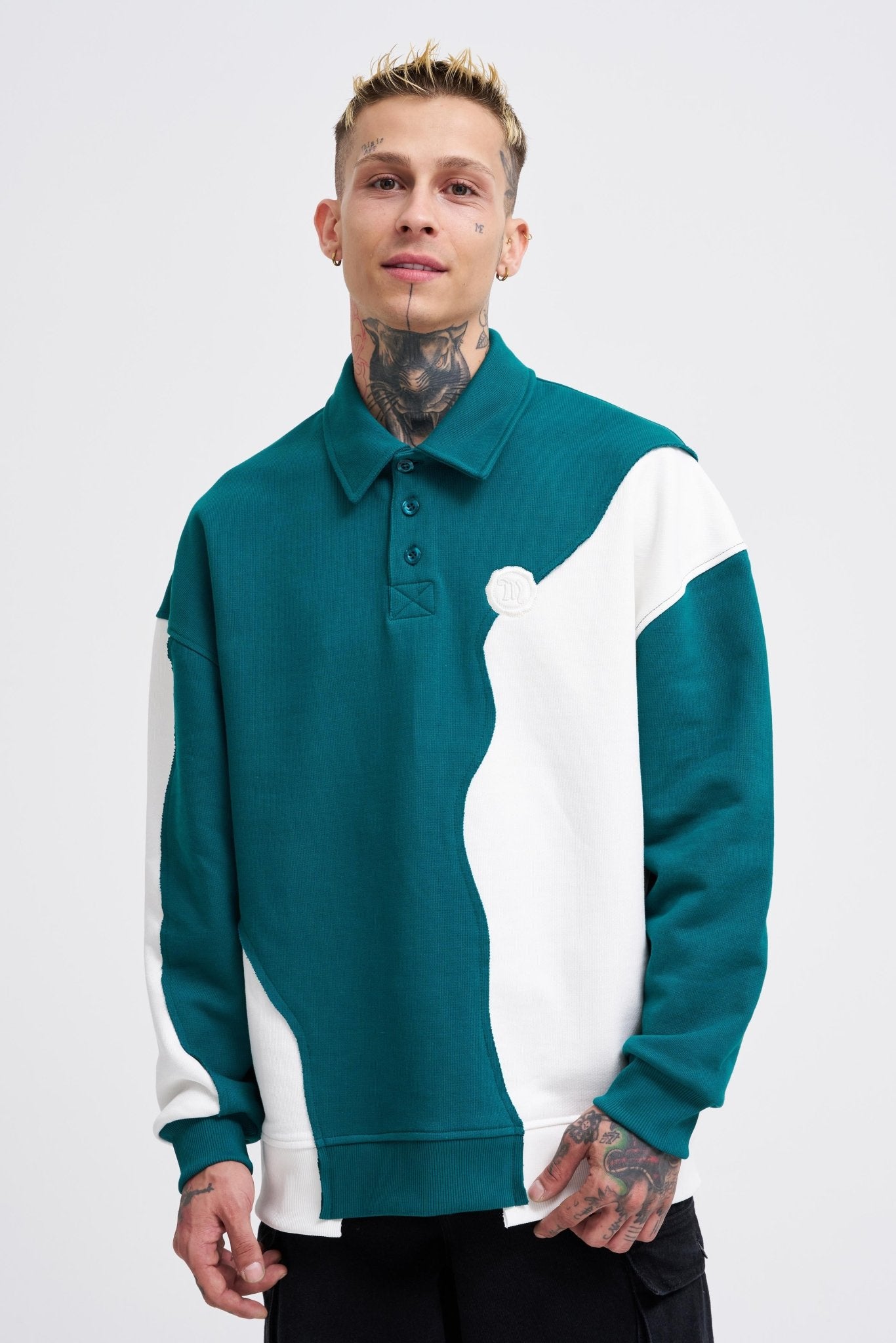 Erkek Distressed Stitch and Embroidered Polo Sweatshirt Yağ Yeşili - Ekru