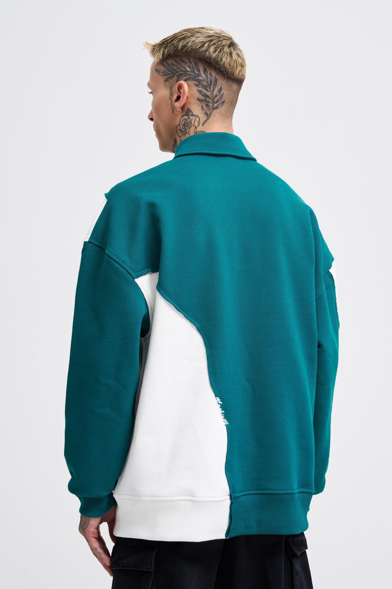 Erkek Distressed Stitch and Embroidered Polo Sweatshirt Yağ Yeşili - Ekru