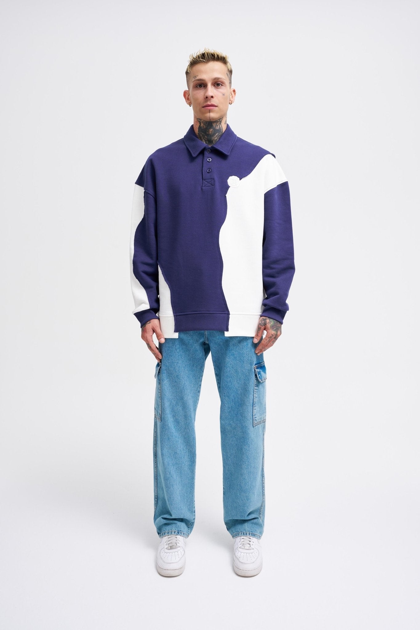 Erkek Distressed Stitch and Embroidered Polo Sweatshirt Gece Mavisi - Ekru