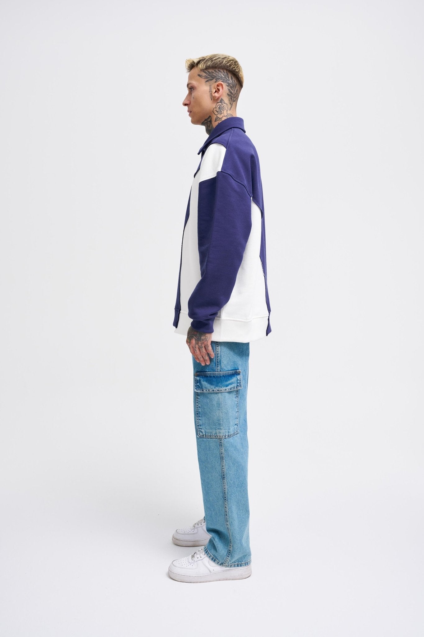 Erkek Distressed Stitch and Embroidered Polo Sweatshirt Gece Mavisi - Ekru