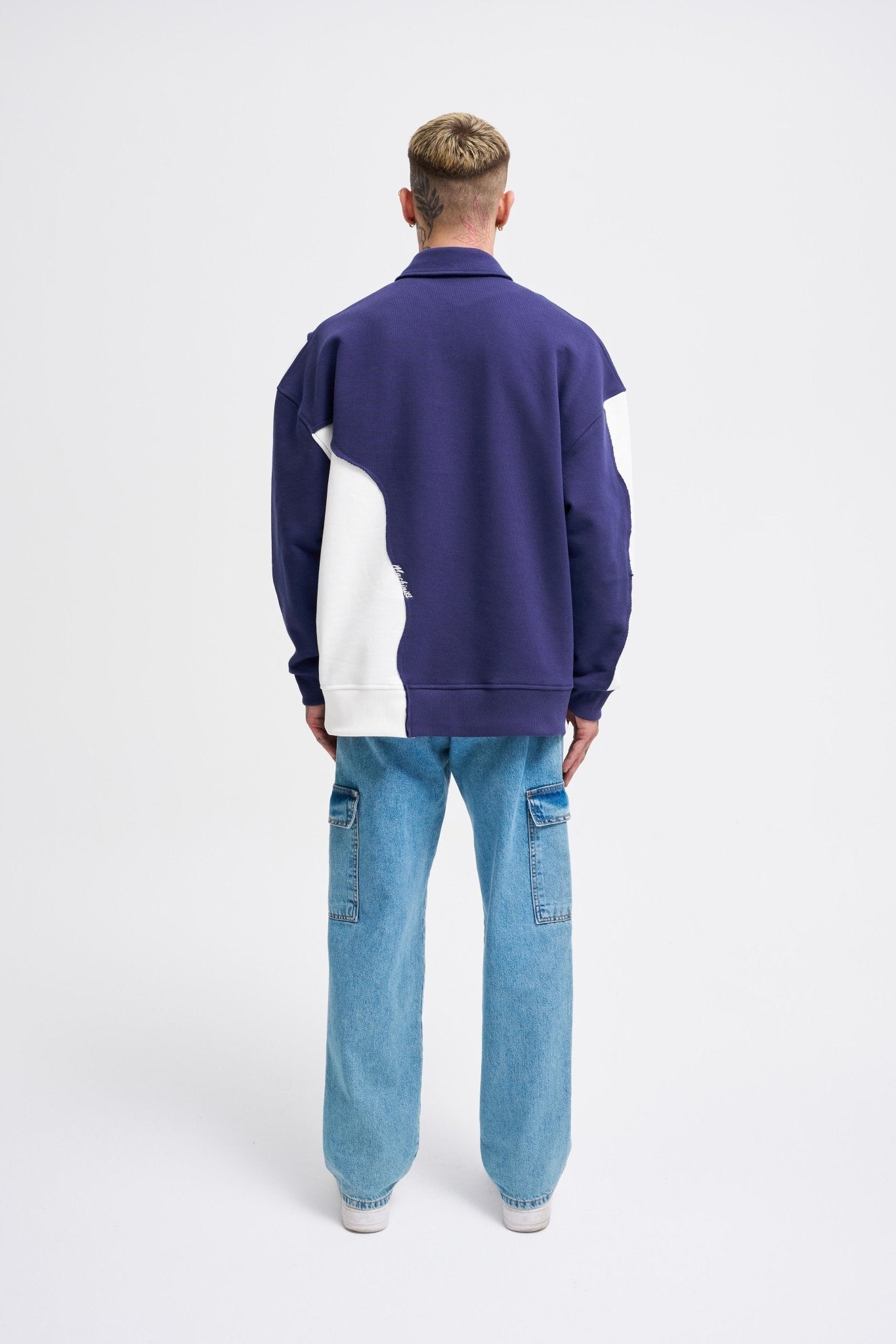 Erkek Distressed Stitch and Embroidered Polo Sweatshirt Gece Mavisi - Ekru