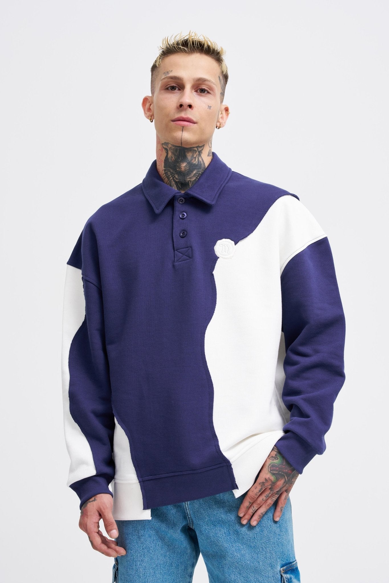 Erkek Distressed Stitch and Embroidered Polo Sweatshirt Gece Mavisi - Ekru