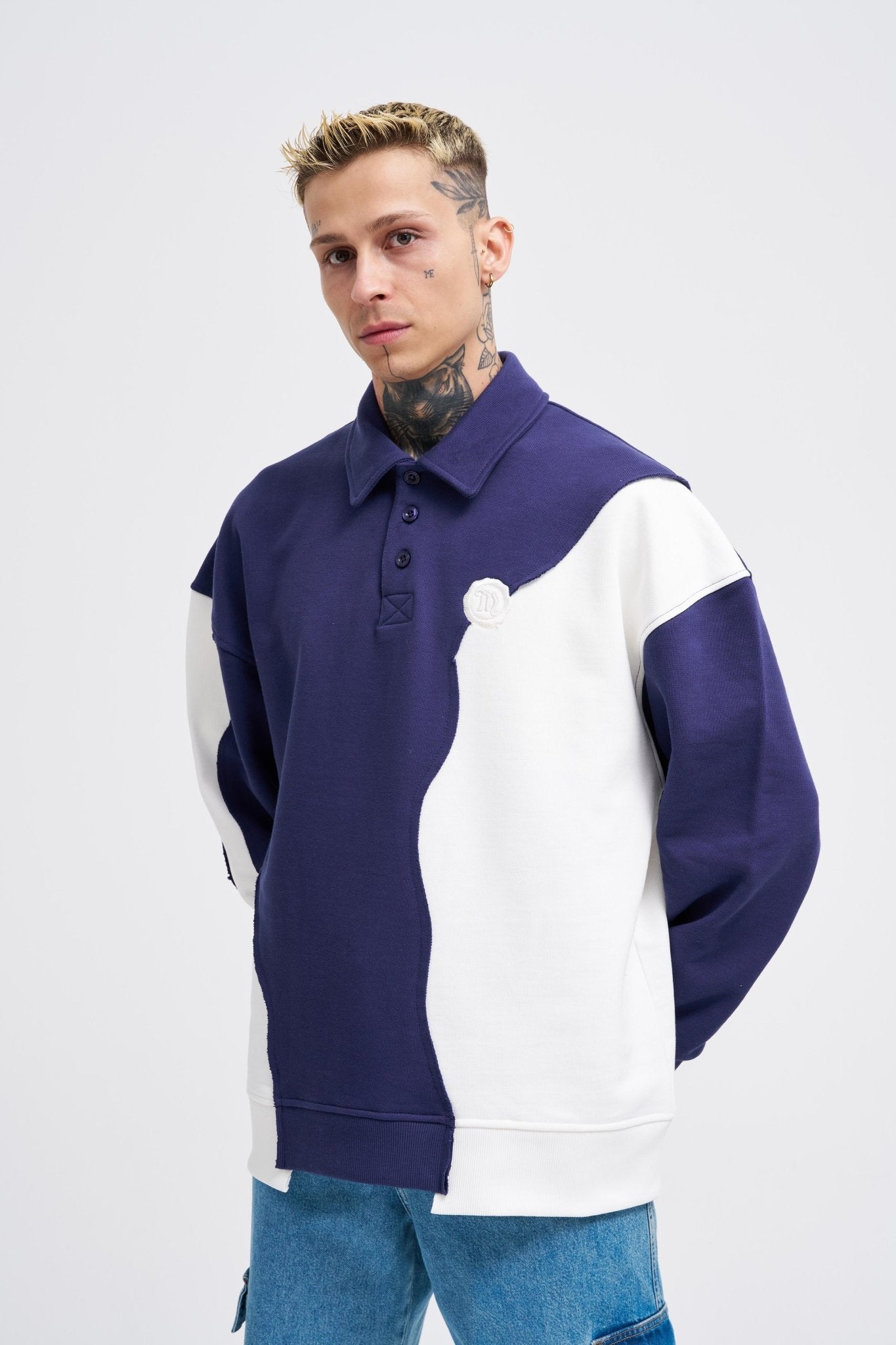 Erkek Distressed Stitch and Embroidered Polo Sweatshirt Gece Mavisi - Ekru