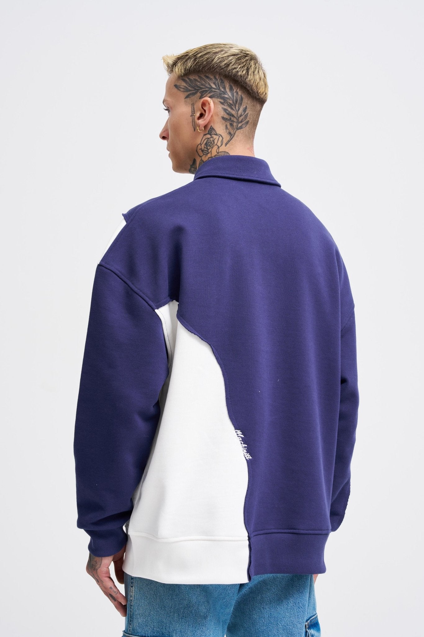 Erkek Distressed Stitch and Embroidered Polo Sweatshirt Gece Mavisi - Ekru