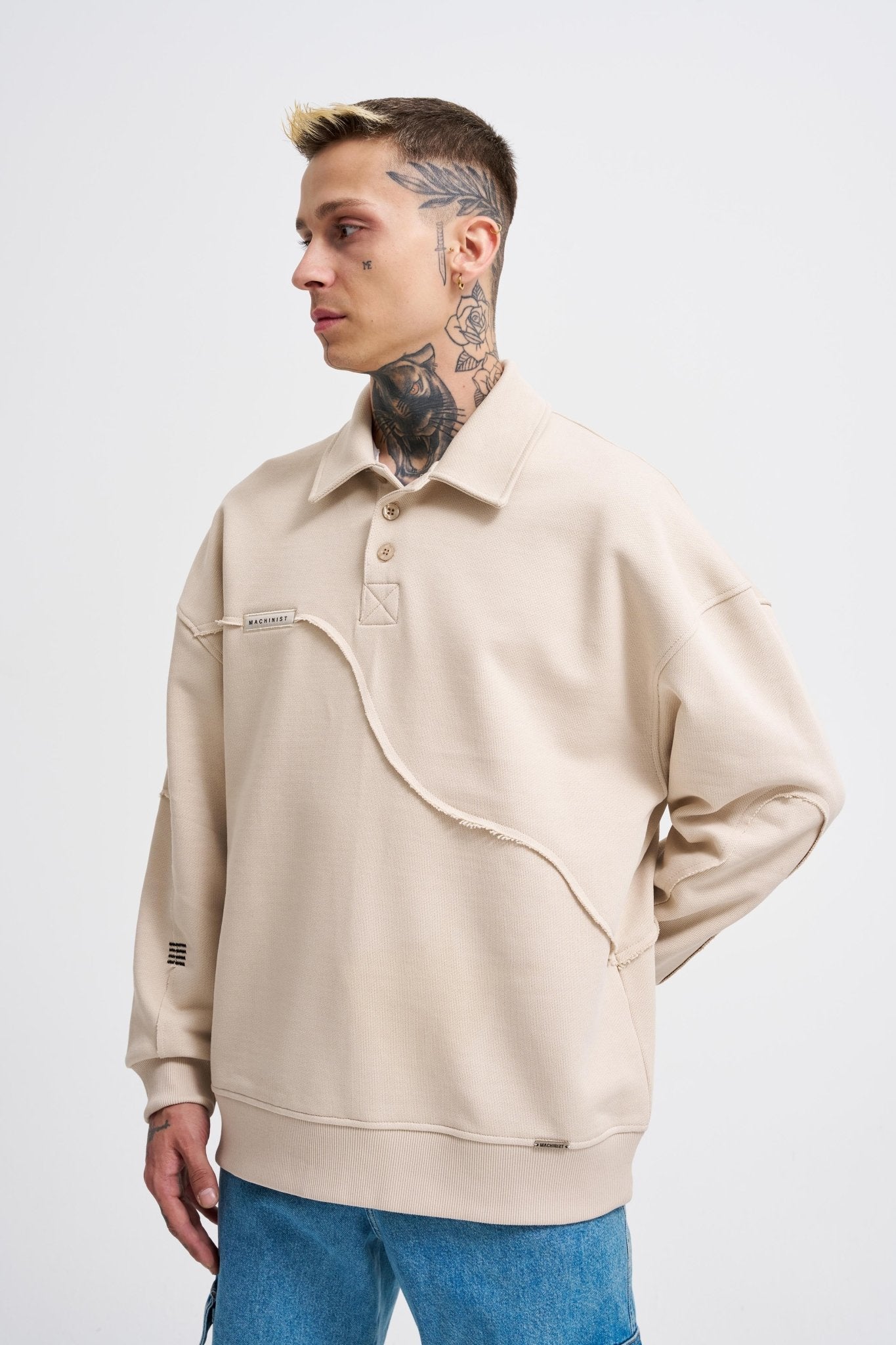 Erkek Distressed Stitch Polo Sweatshirt Açık Bej