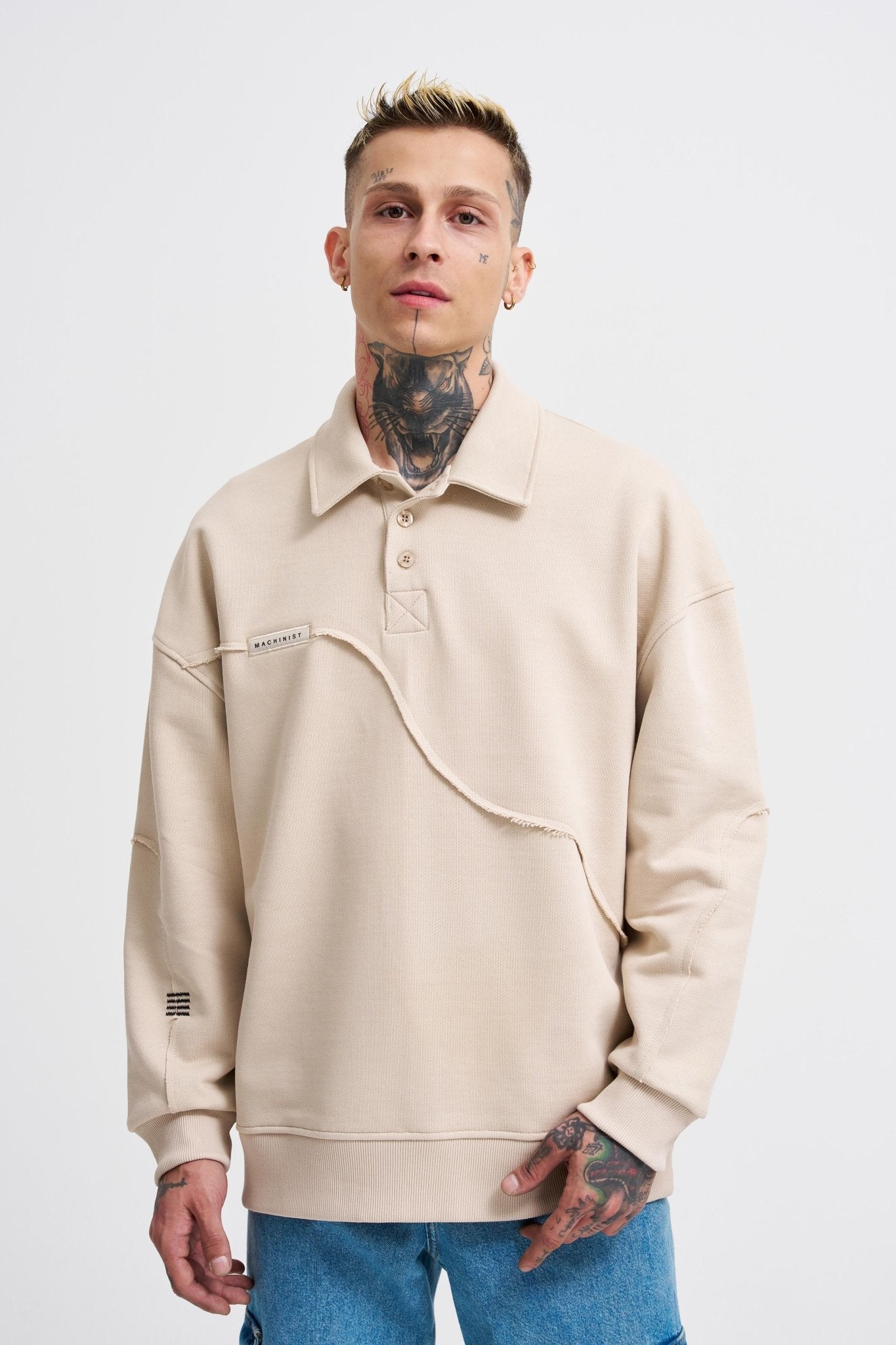 Erkek Distressed Stitch Polo Sweatshirt Açık Bej