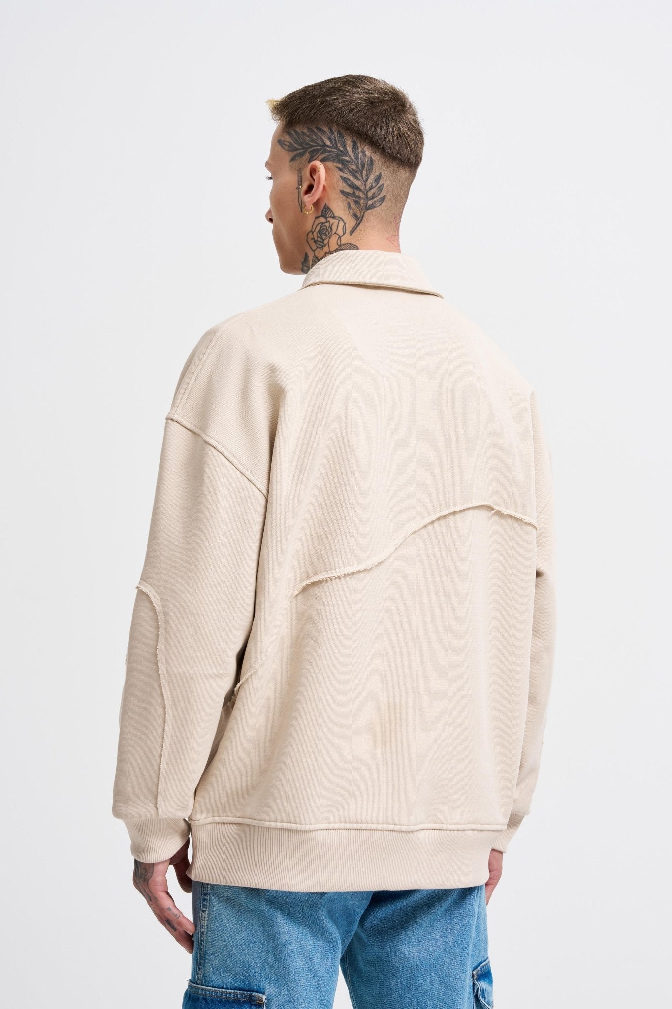 Erkek Distressed Stitch Polo Sweatshirt Açık Bej