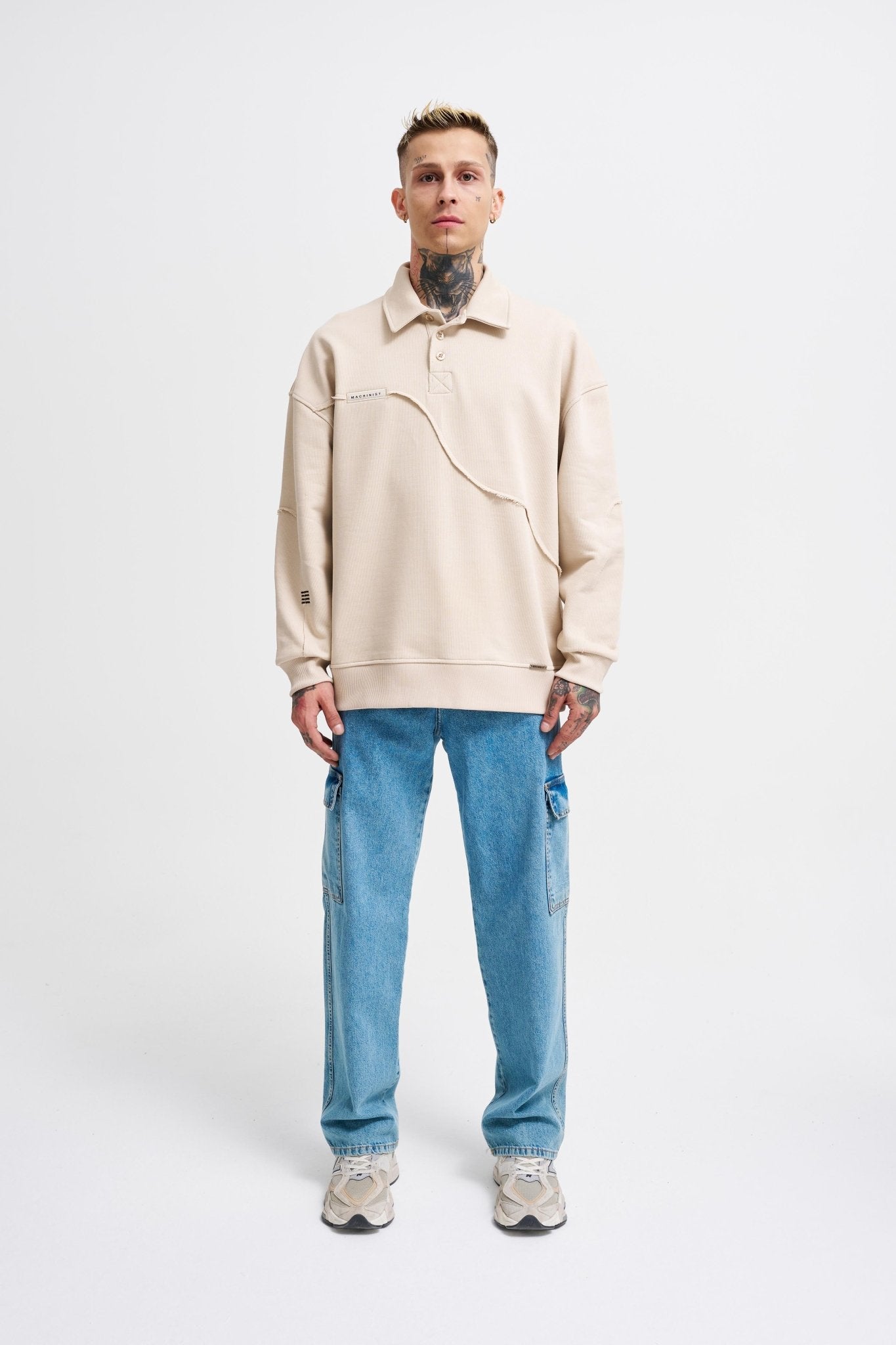 Erkek Distressed Stitch Polo Sweatshirt Açık Bej