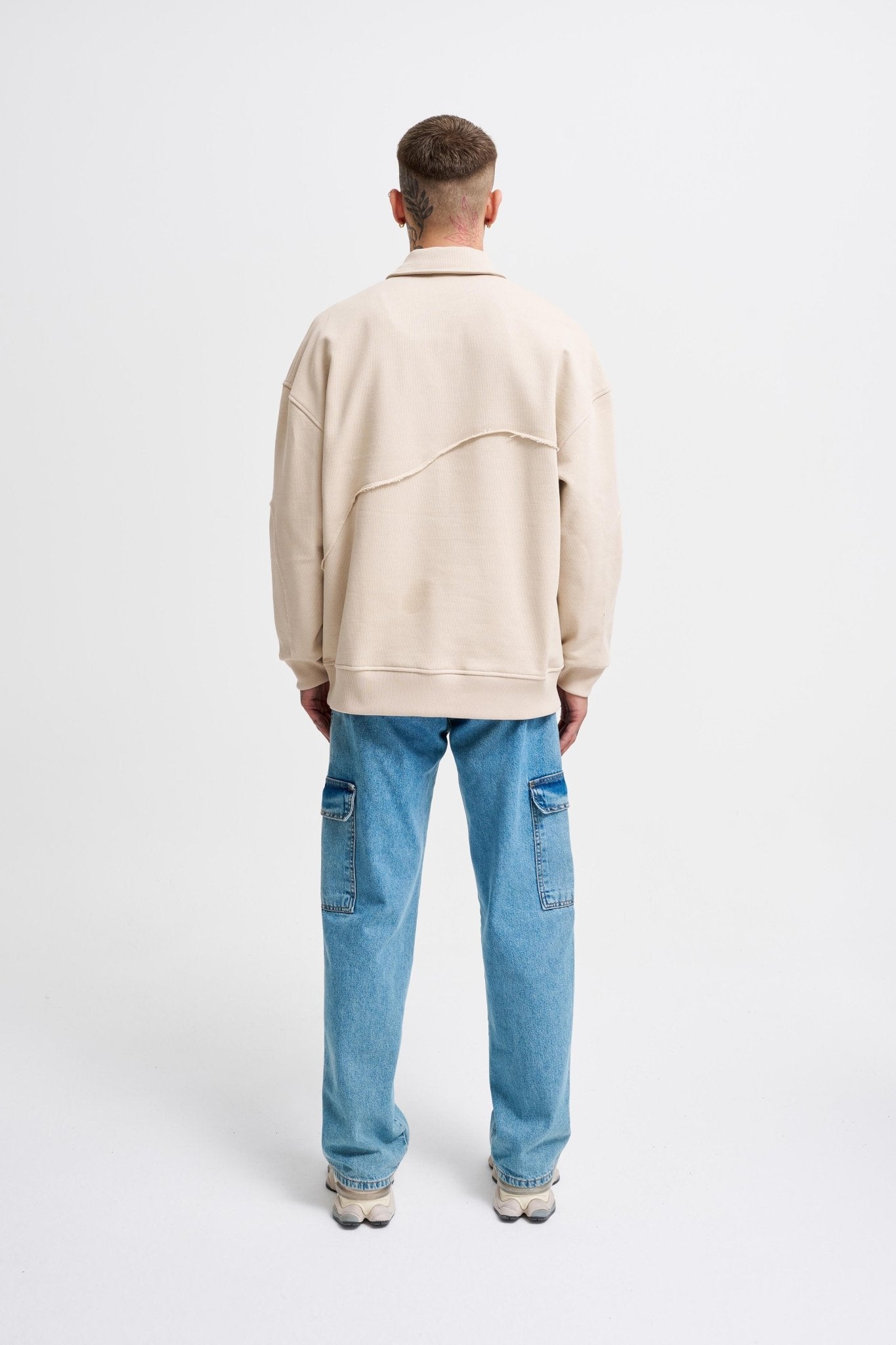 Erkek Distressed Stitch Polo Sweatshirt Açık Bej
