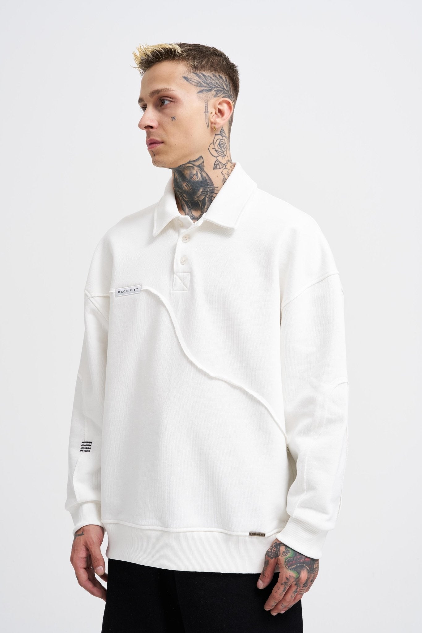 Erkek Distressed Stitch Polo Sweatshirt Ekru