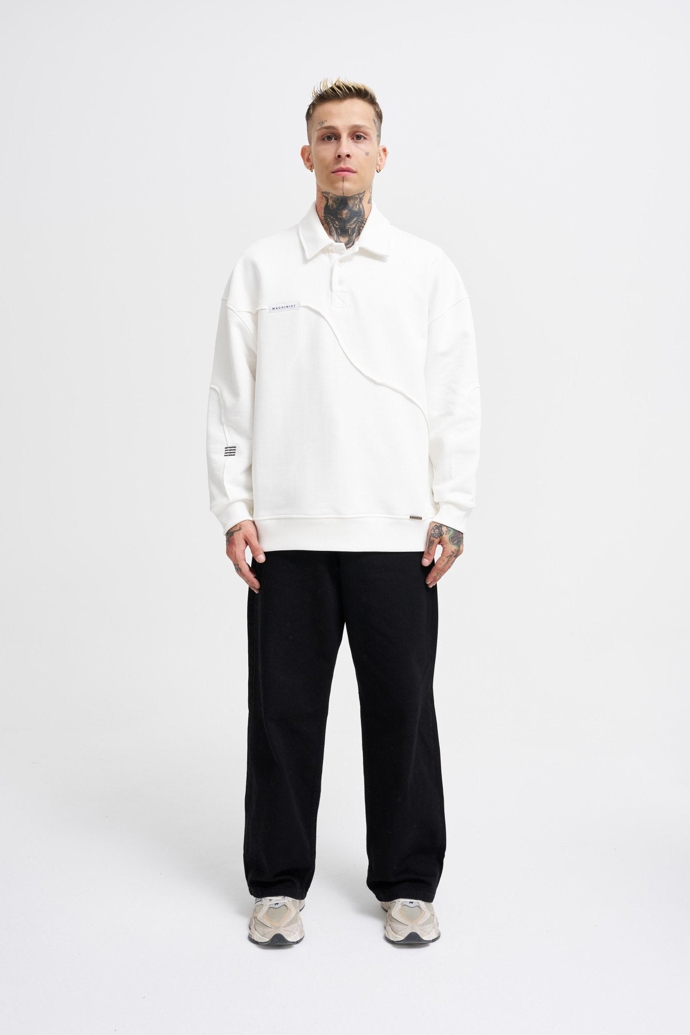 Erkek Distressed Stitch Polo Sweatshirt Ekru