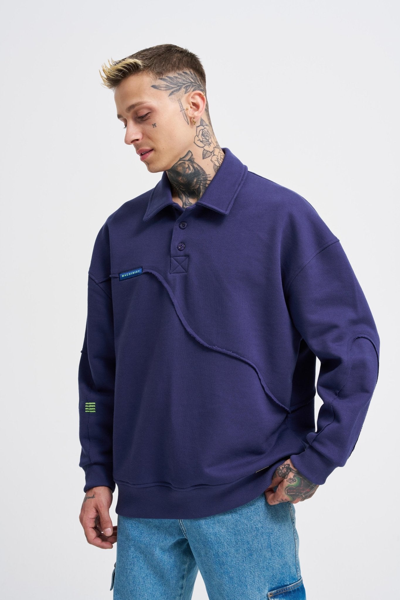 Erkek Distressed Stitch Polo Sweatshirt Gece Mavisi