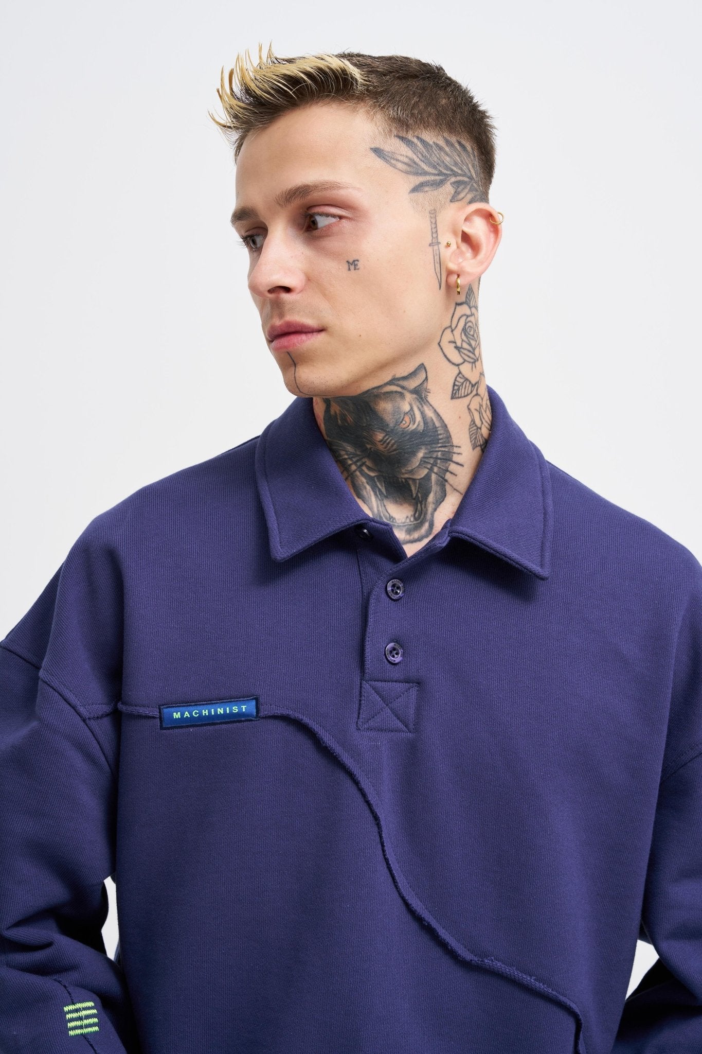Erkek Distressed Stitch Polo Sweatshirt Gece Mavisi